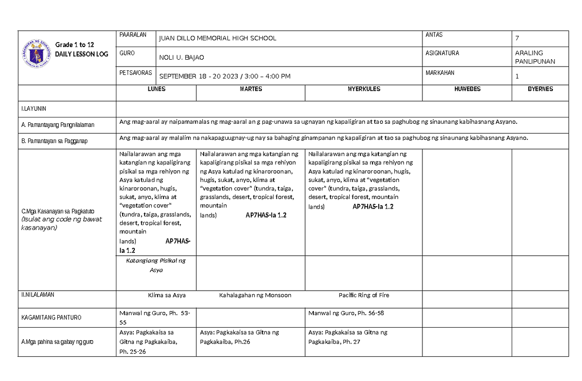 AP 7 Q1 WEEK 4 - Daily Lesson Log on Climate & Geography of Asia - Studocu
