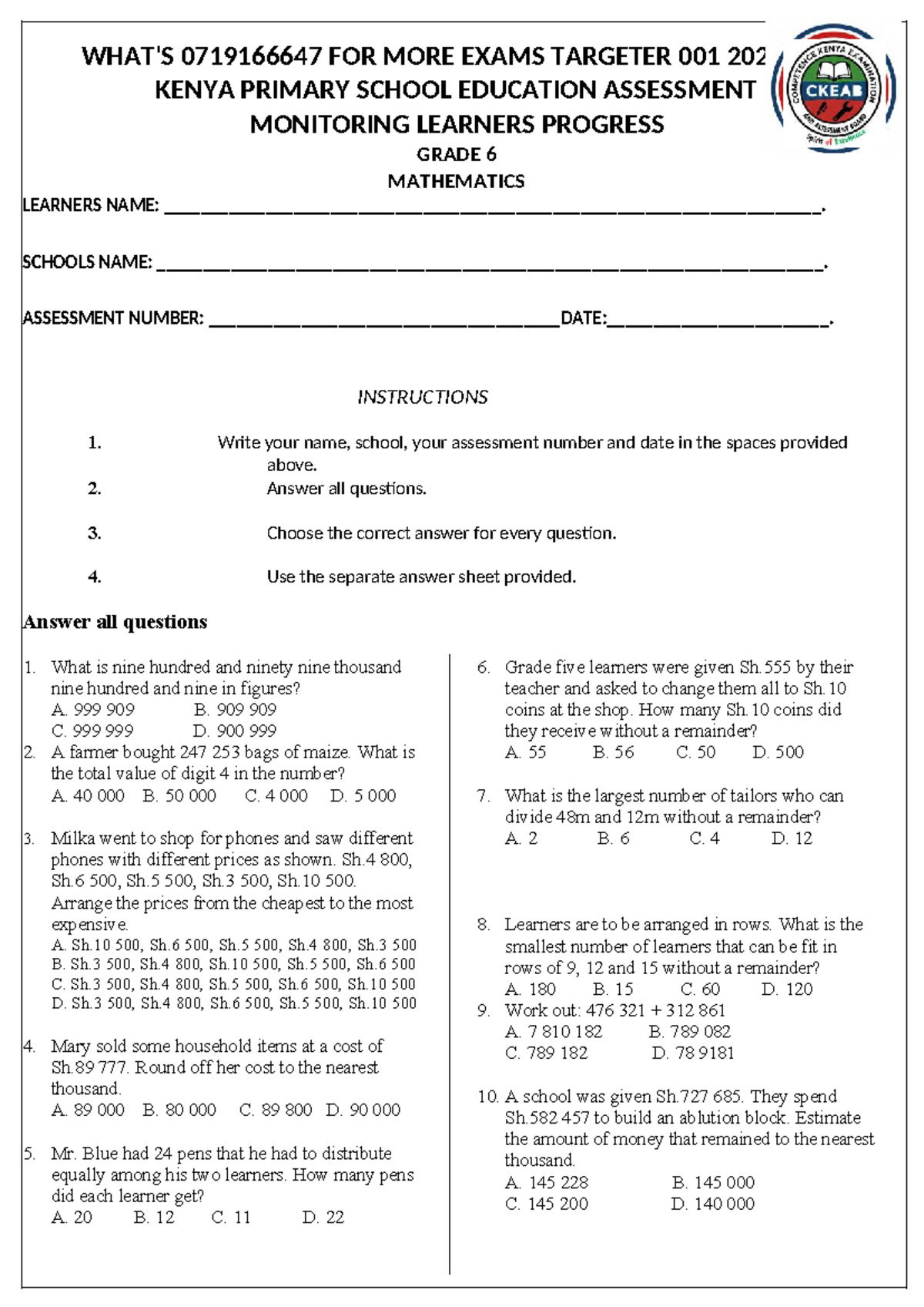 Grade 6 Mathematics Exam 001 2026: Assessment Questions and Answers ...