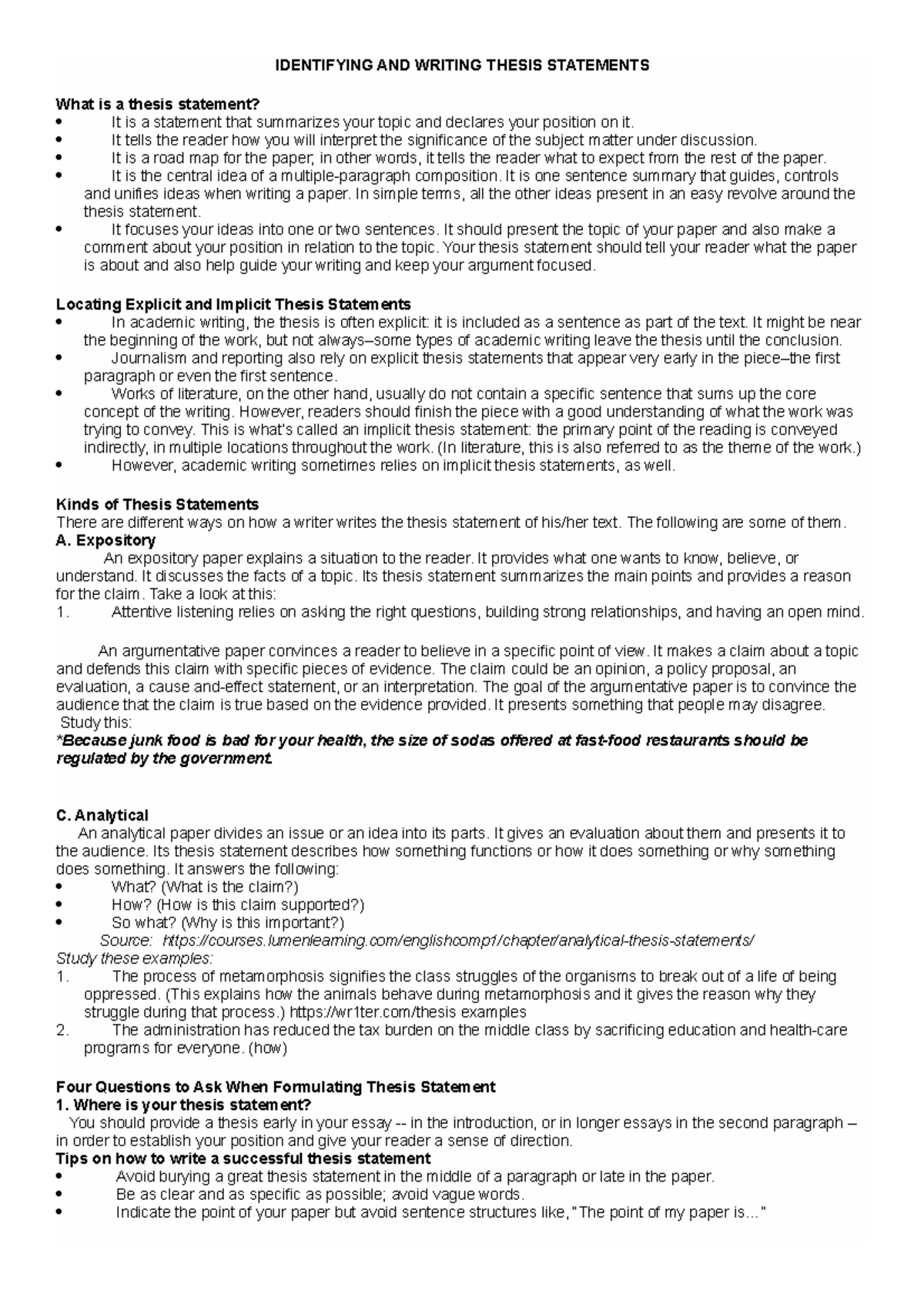 ENG 101: Identifying & Writing Effective Thesis Statements - Studocu