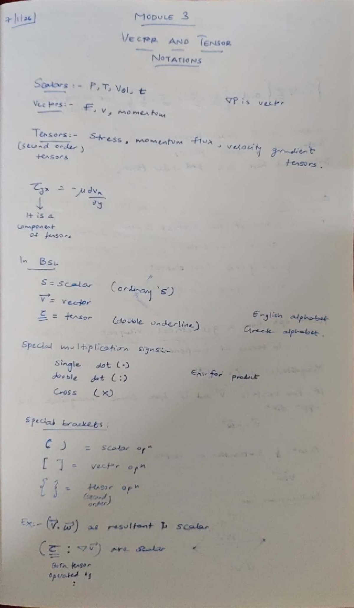 Transport Phenomena: Module 3 & 4 Notes on Vectors and Tensors - Studocu