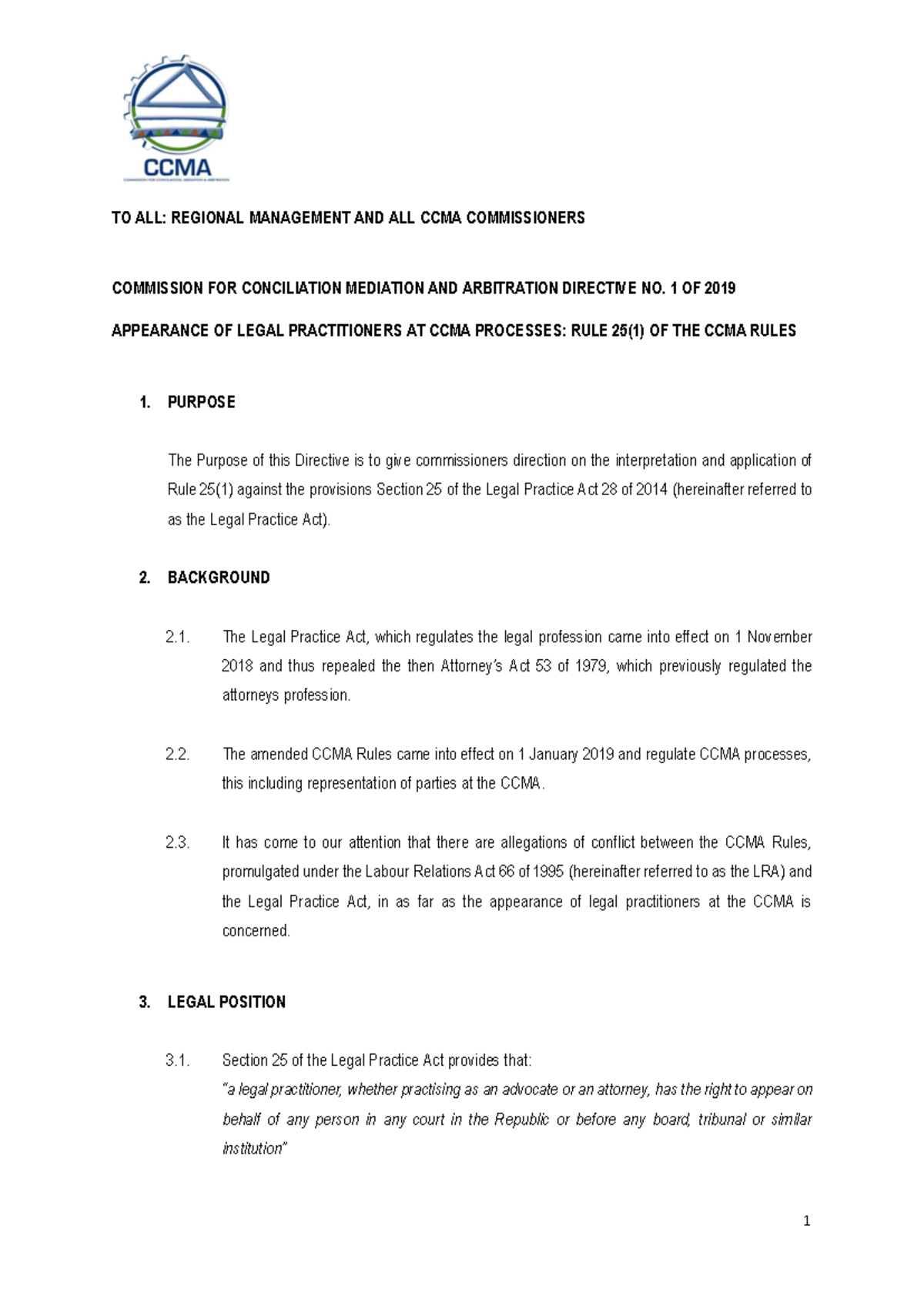 CCMA Directive 1/2019: Legal Representation Rules Explained - Studocu