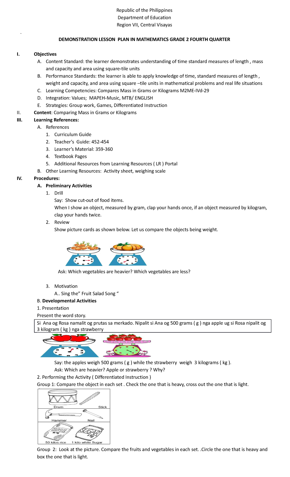 Grade 2 COT DLP Q4: Math Lesson Plan on Comparing Mass - Studocu