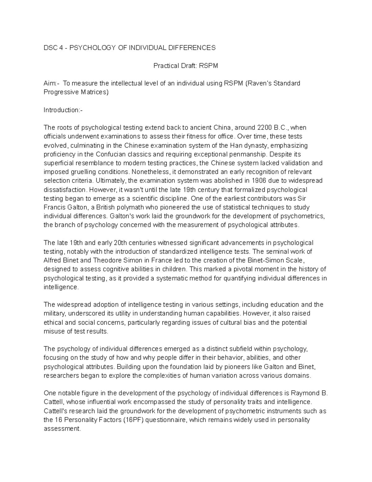Practical Draft: RSPM for DSC 4 - Psychology of Individual Differences ...
