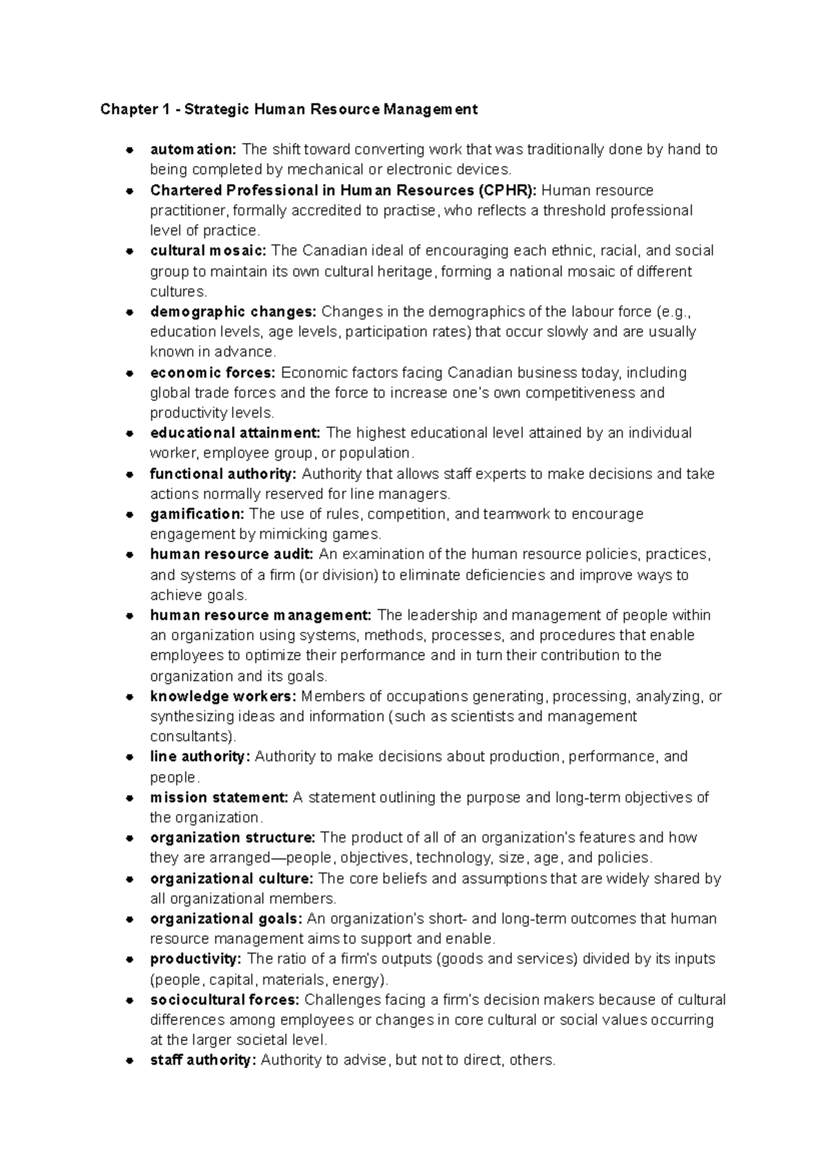 Key Terms & Concepts in Strategic Human Resource Management (Comm 211 ...