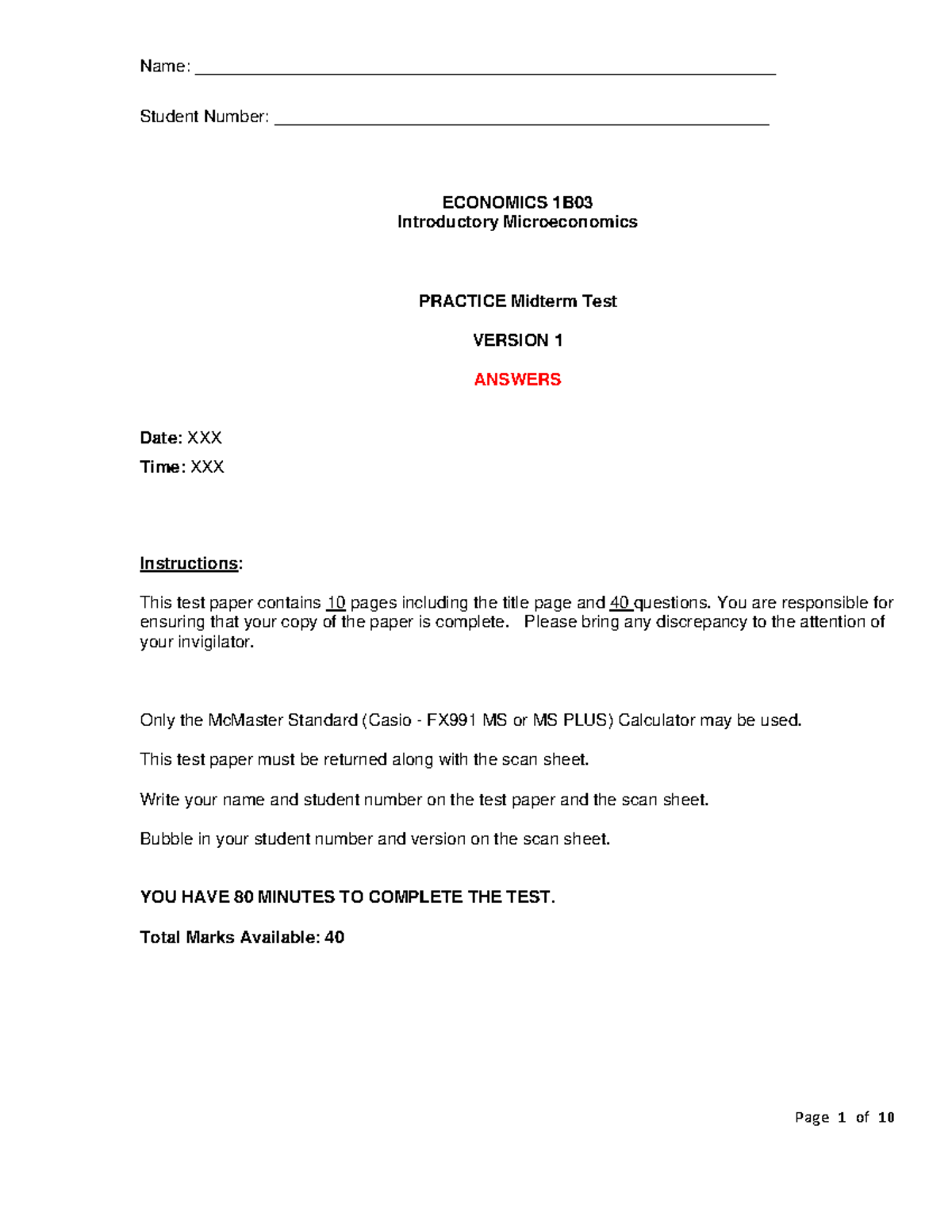 ECON 1B03 Midterm Practice Test F22 V1 Answers - Studocu