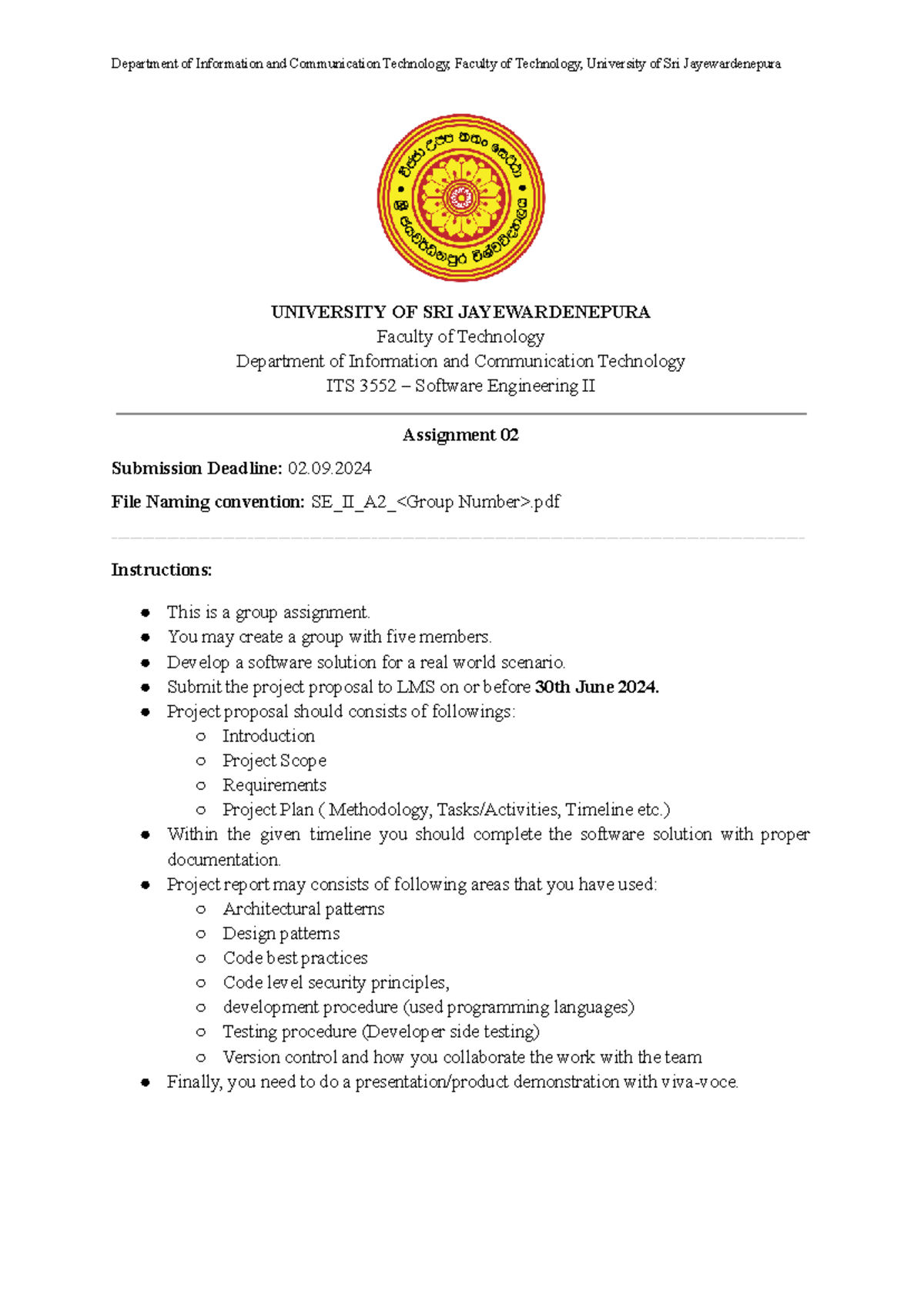 ITS 3552 Software Engineering II: Group Assignment 02 Guidelines - Studocu