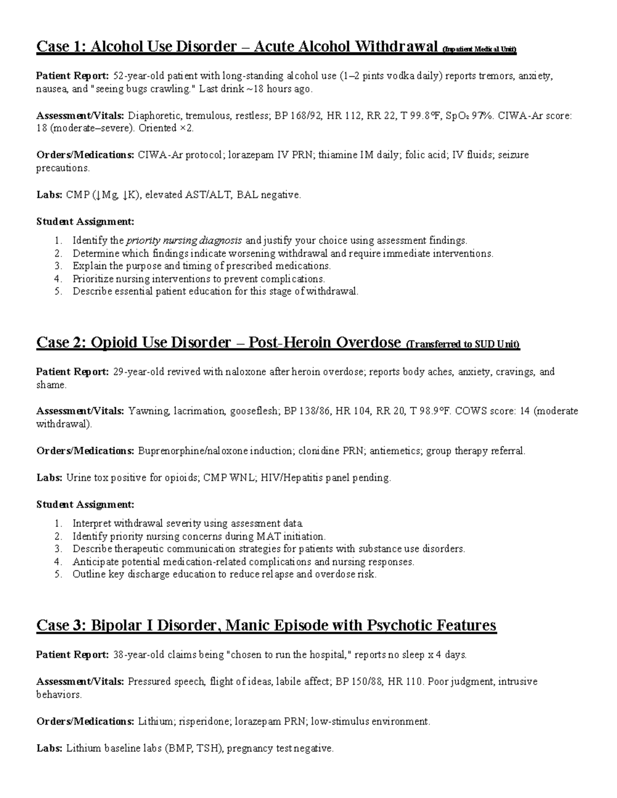 Case Studies for Chapters 15-19: MDD, BPD, Schizophrenia, Alcohol ...
