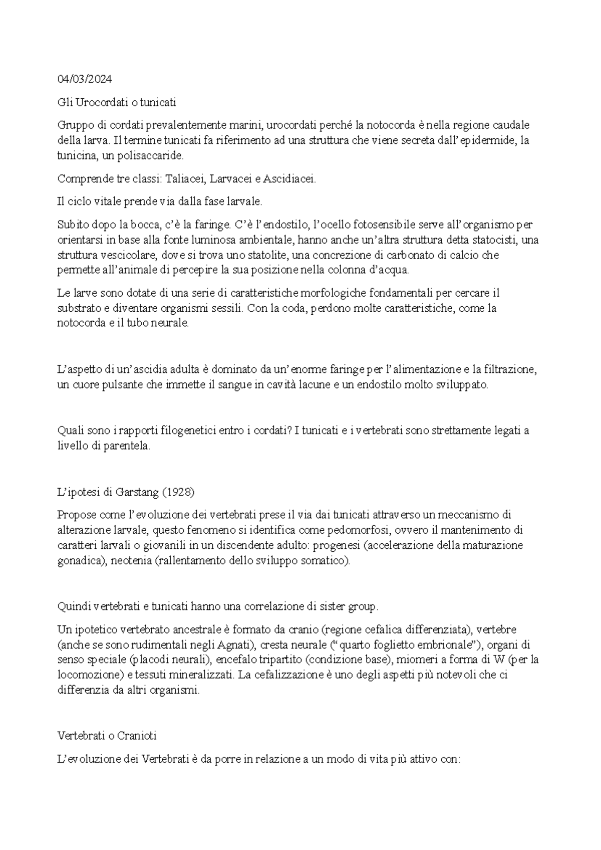 2.1 - Urocordati o Tunicati: Strutture e Ciclo Vitale - Studocu