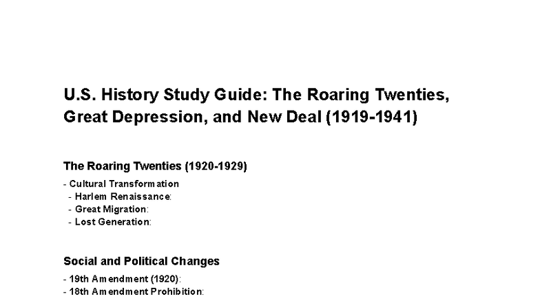 U.S. History Unit 4 Study Guide: The Roaring Twenties & Great ...