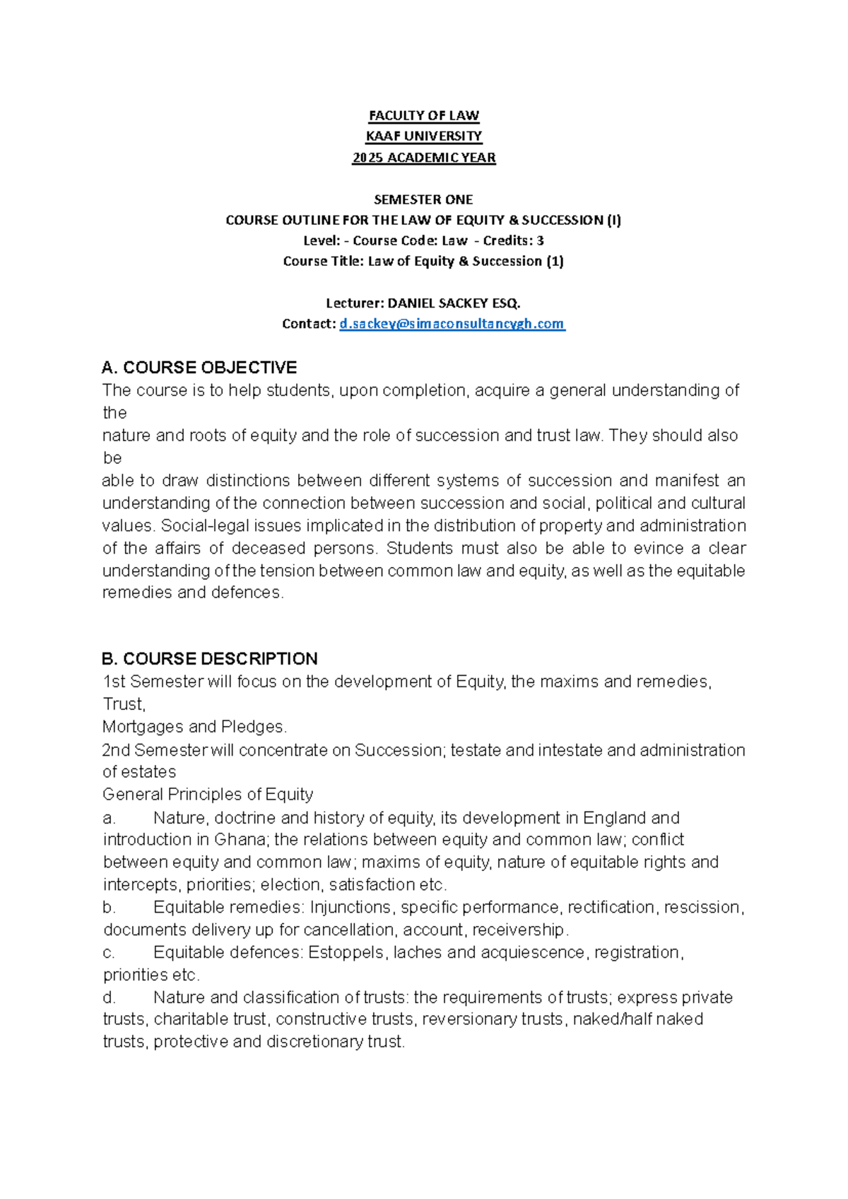 LAW 2025: Course Outline for Law of Equity Succession (I) - Semester ...