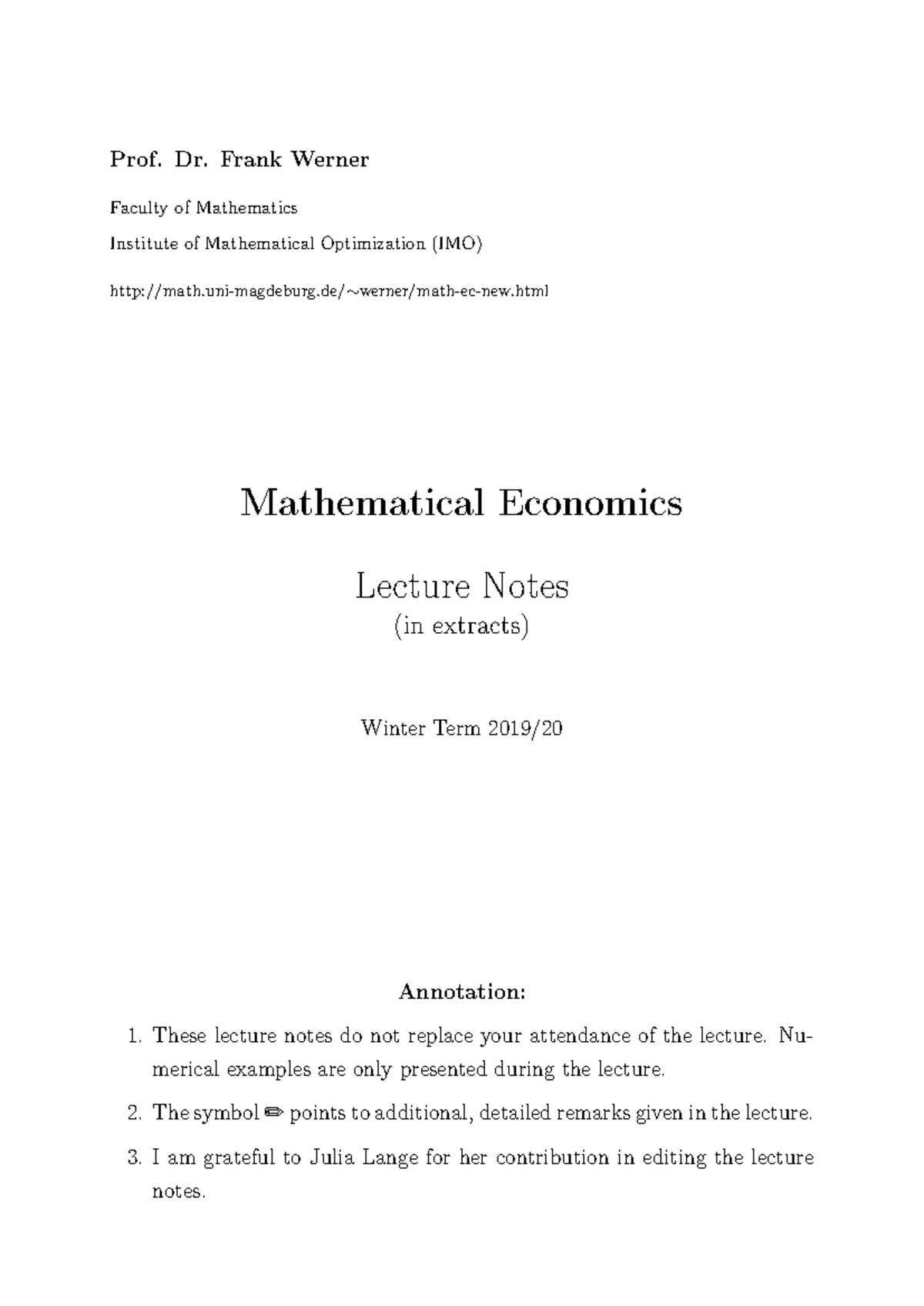 Mathematical Economics Lecture Notes - Prof. Dr. Frank Werner Faculty ...
