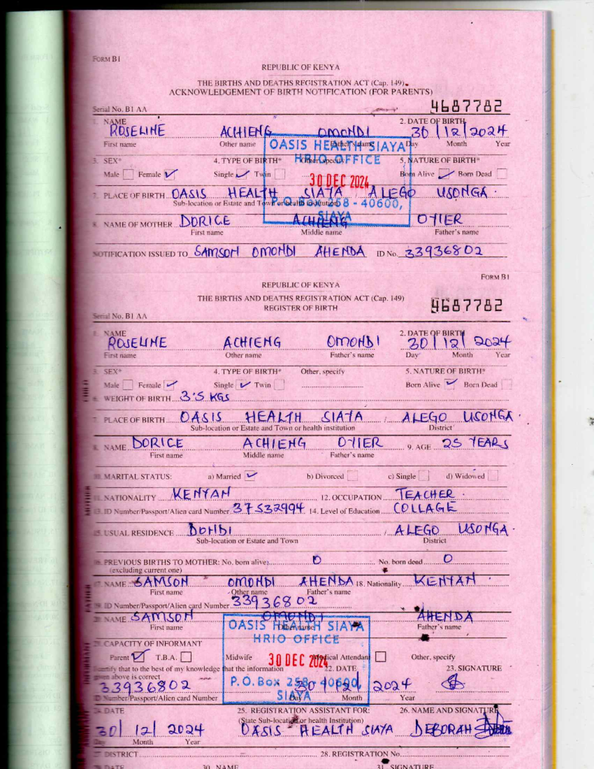 Acknowledgement of Birth Notification B1 - Dorice Achieng Oyeer - Studocu