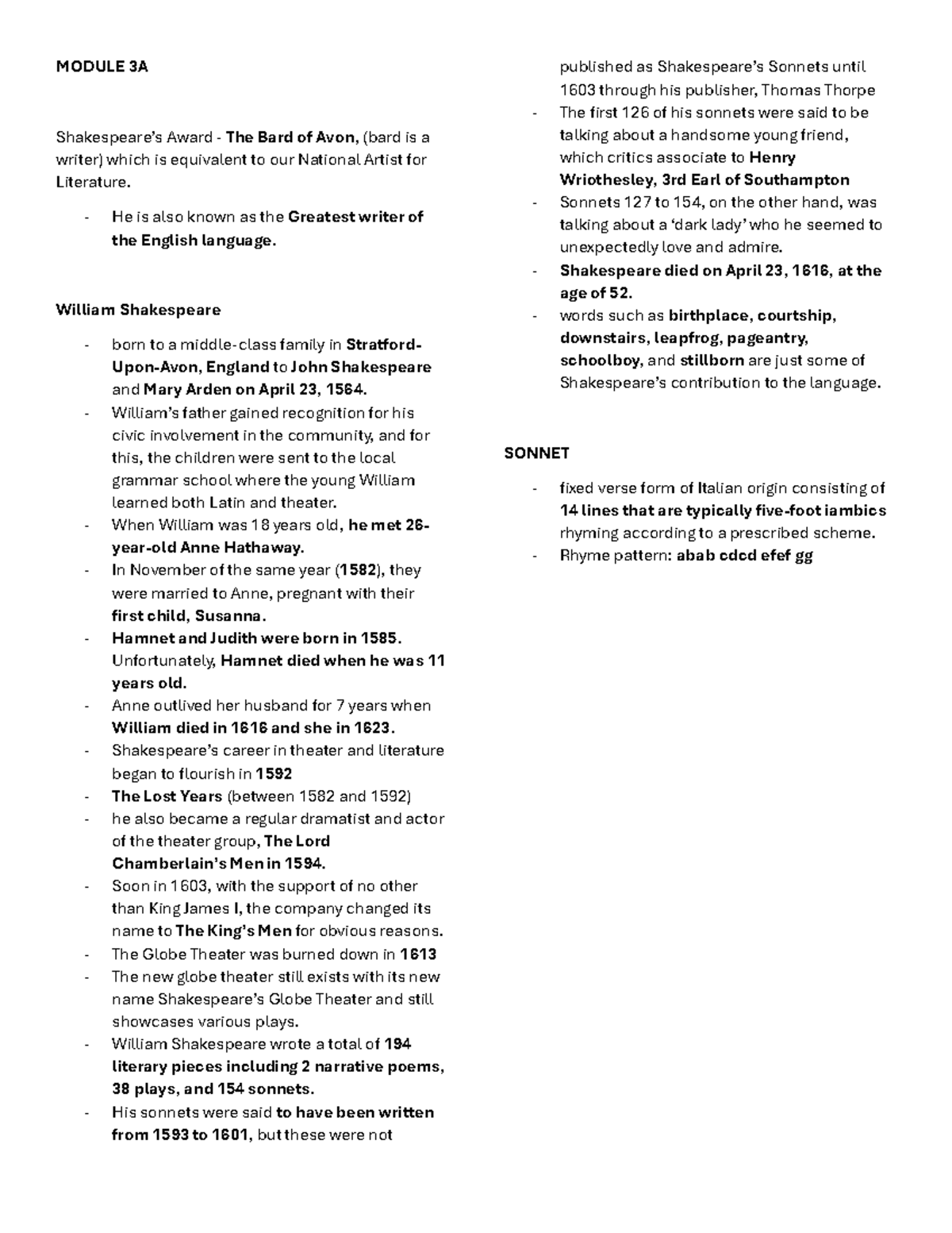 Module 3A: The Life and Works of William Shakespeare - Studocu