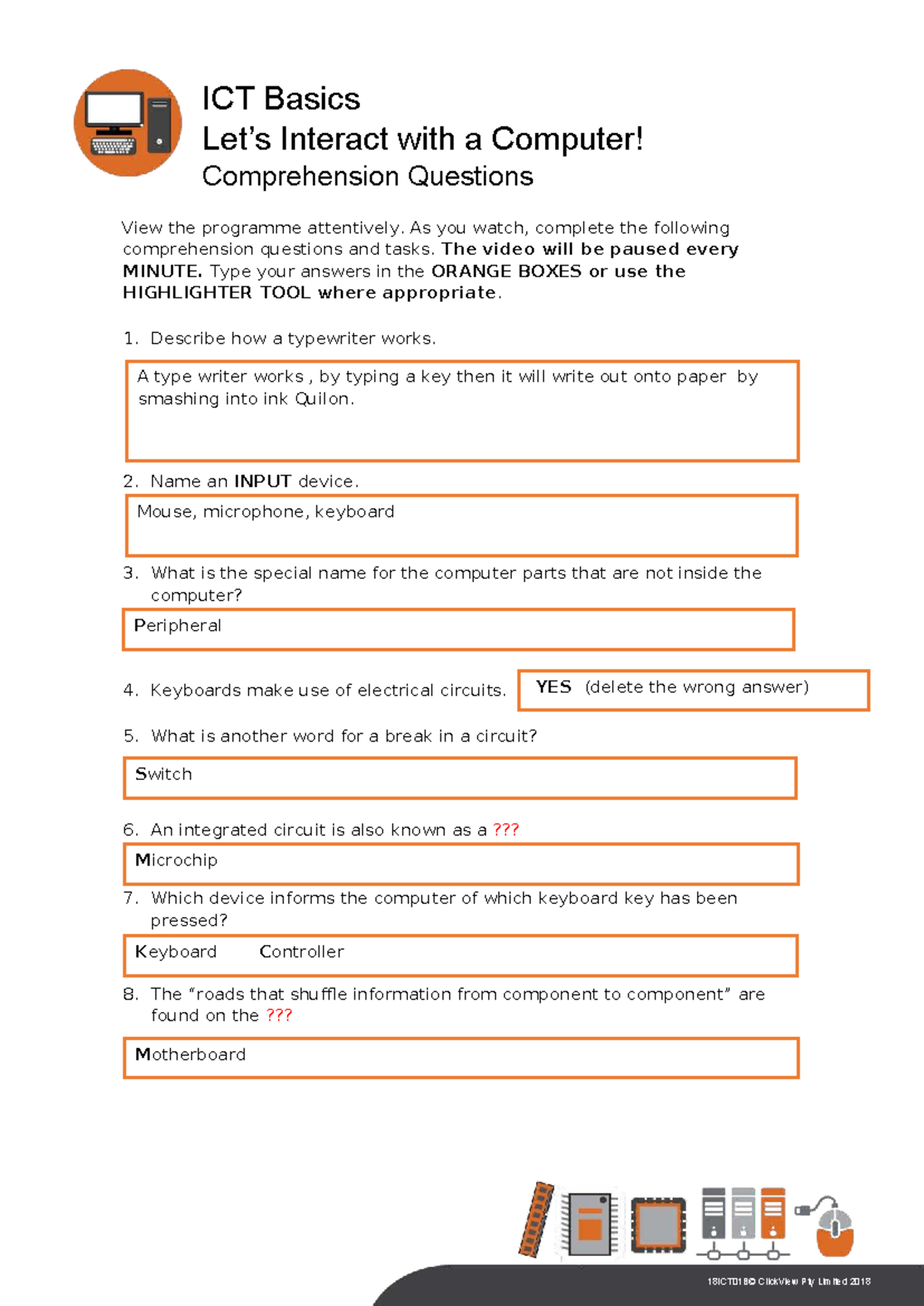 ICT Basics: Comprehension Questions for Interacting with a Computer ...