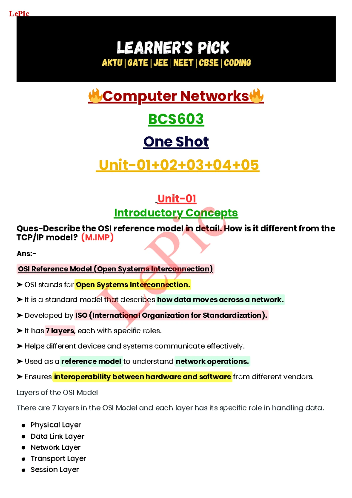 BCS603 Final Exam Notes: OSI Model & Network Topologies Overview - Studocu