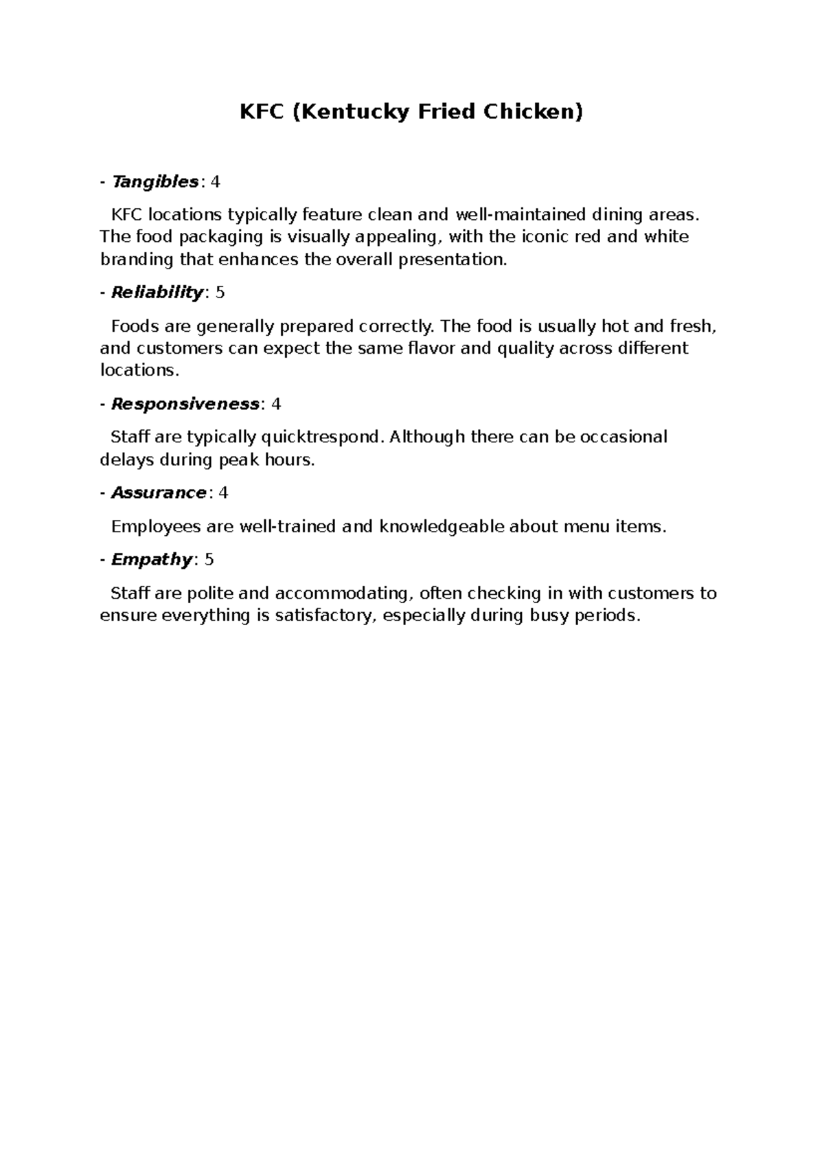 Servqual Analysis of KFC (Kentucky Fried Chicken) - Studocu