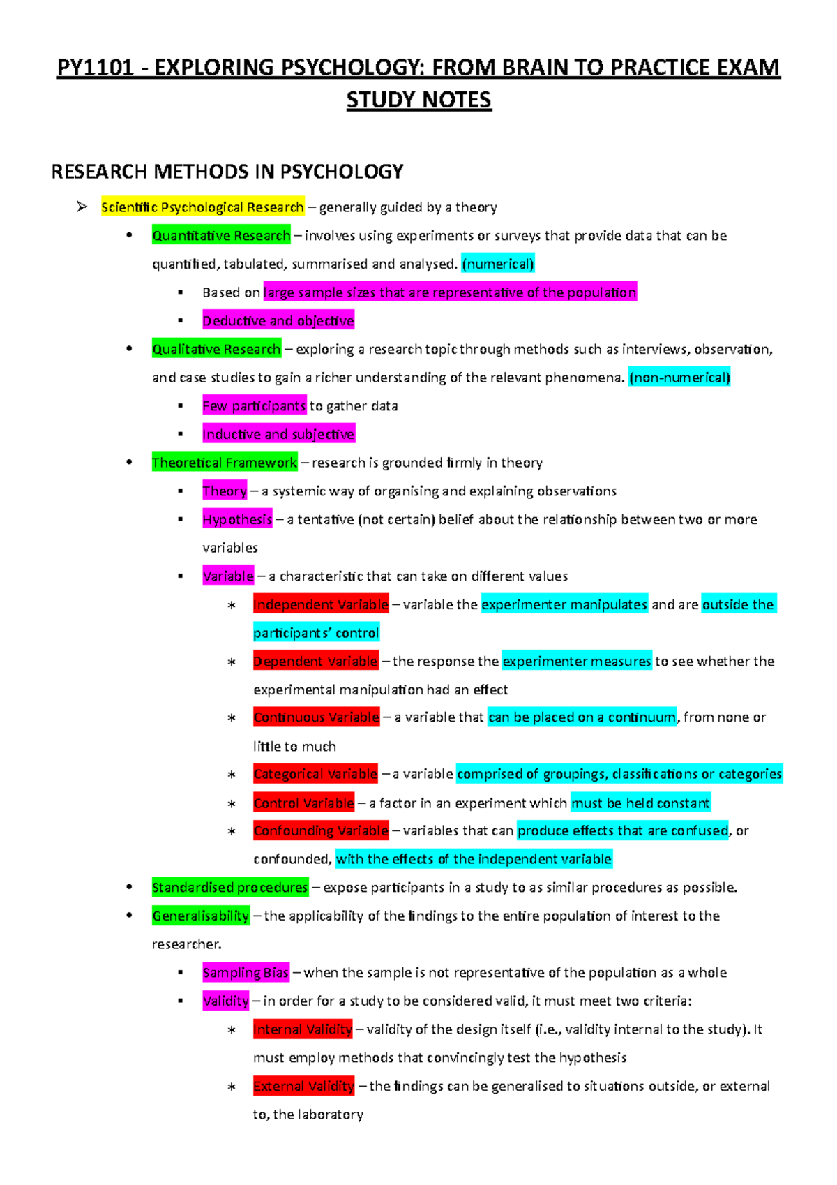 PY1101 - Exploring Psychology Exam Study Notes: Research Methods - Studocu