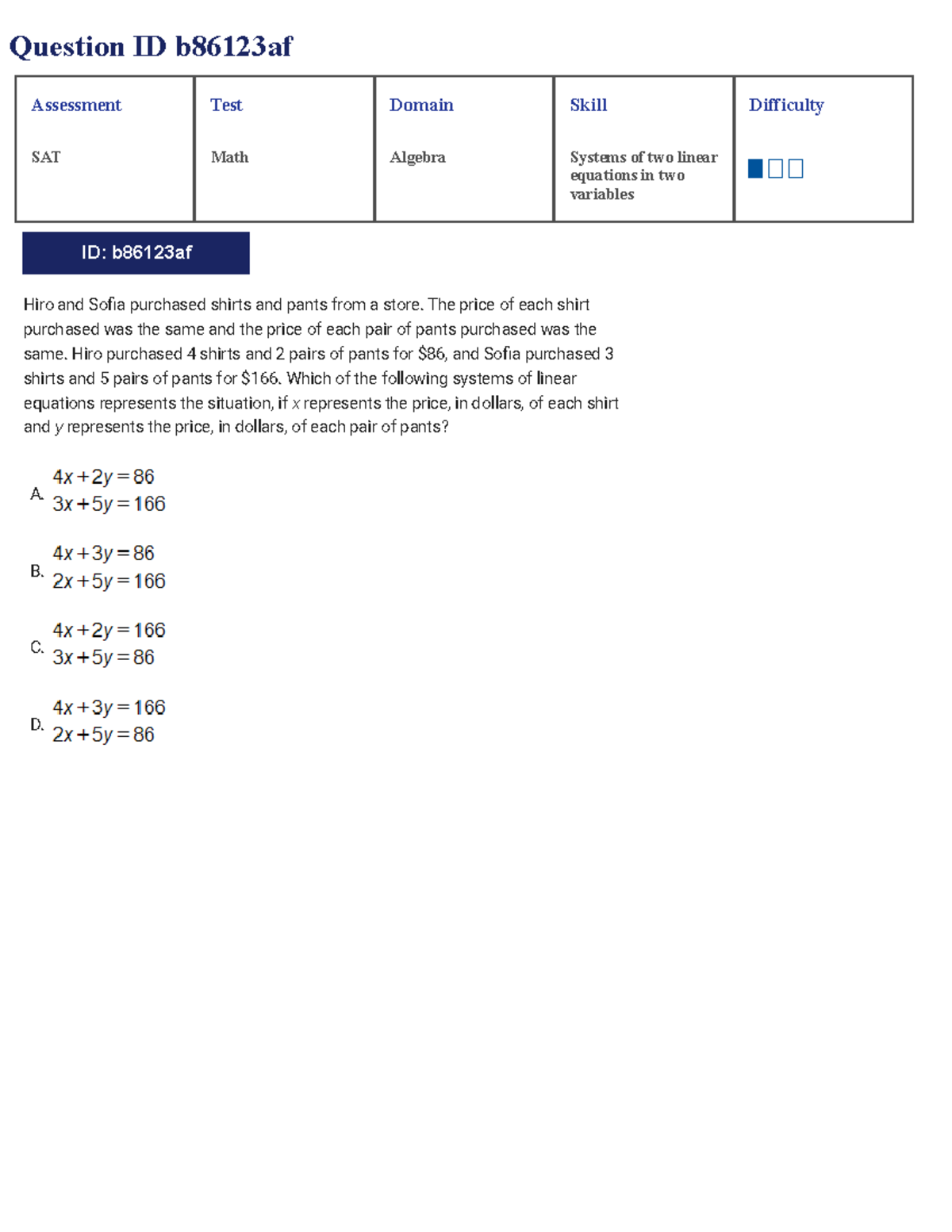 SAT Math Assessment Test: Systems of Linear Equations & Functions - Studocu