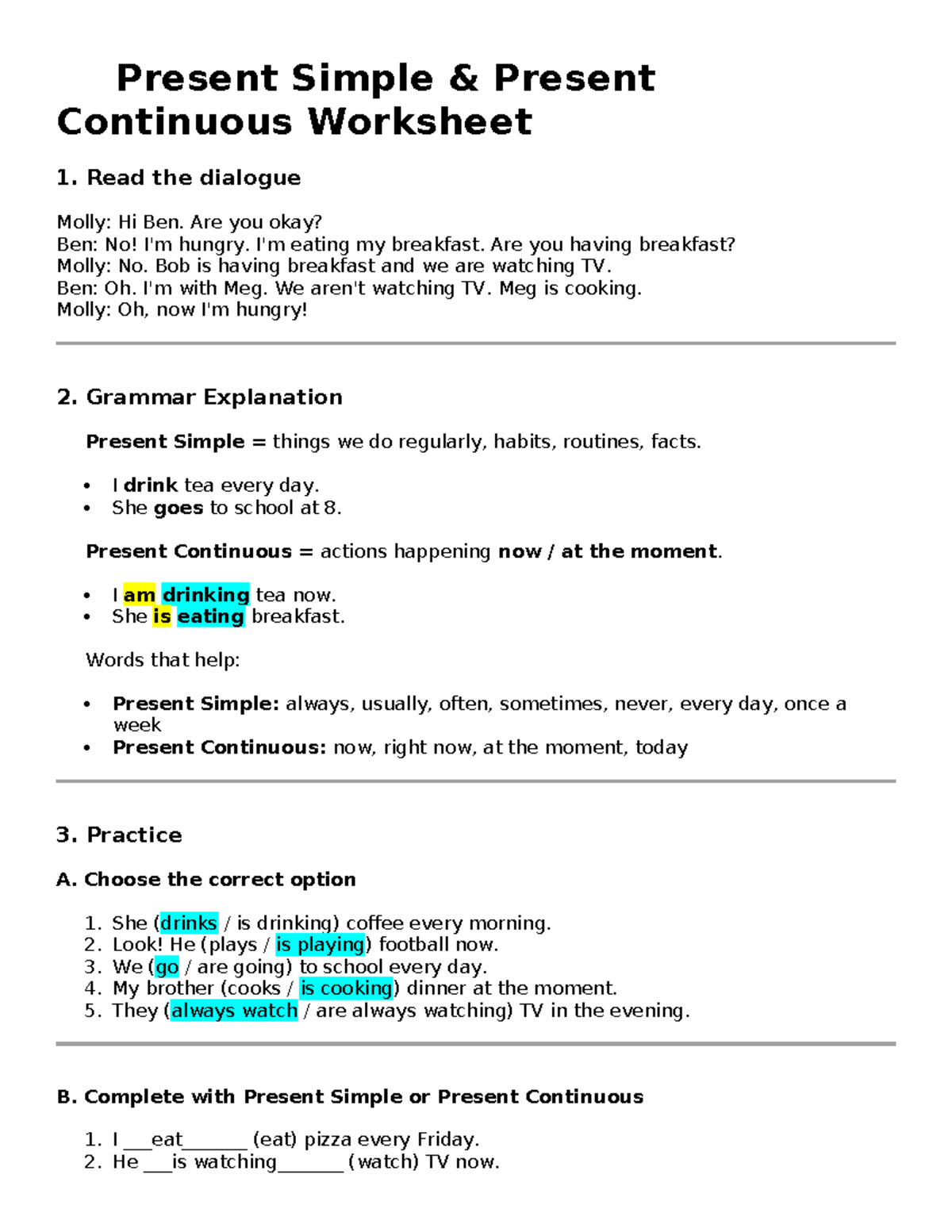 UNIT 8 - Present Simple & Present Continuous Practice Worksheet - Studocu