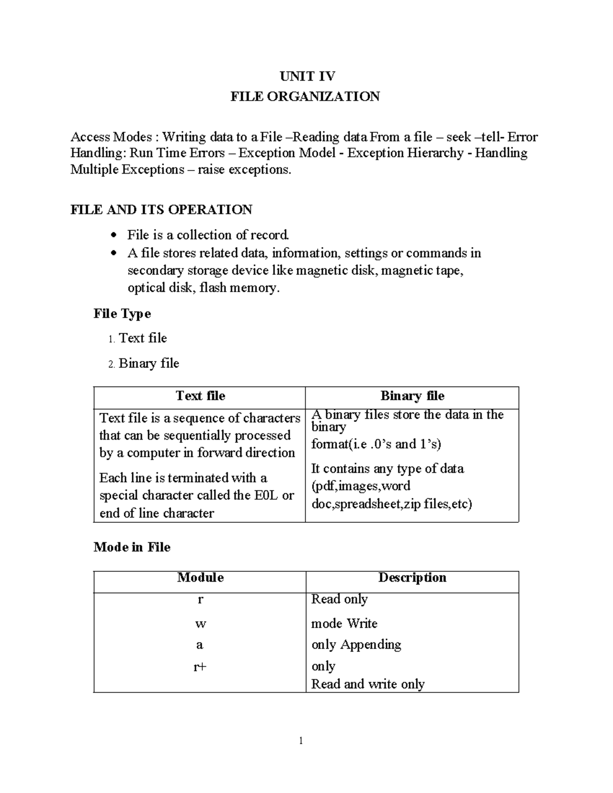 UNIT IV: File Organization and Exception Handling Notes - Studocu