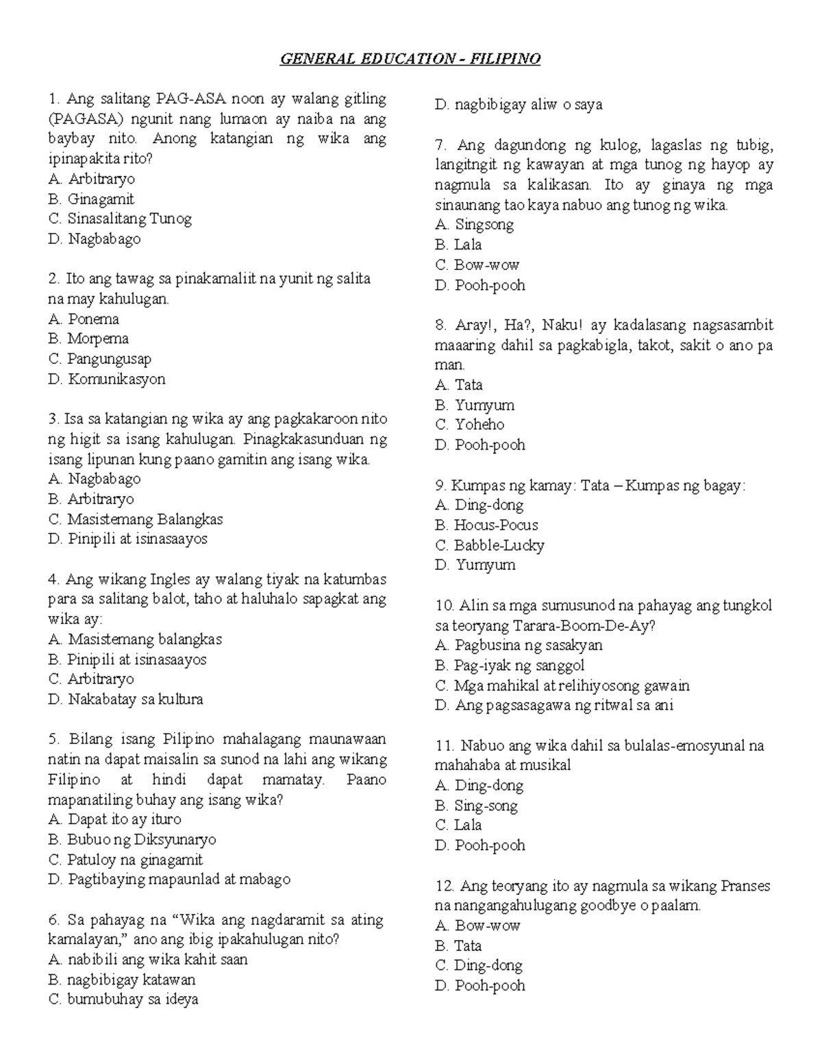 FTRC Week 2 Practice Test: Filipino Language Concepts - Studocu