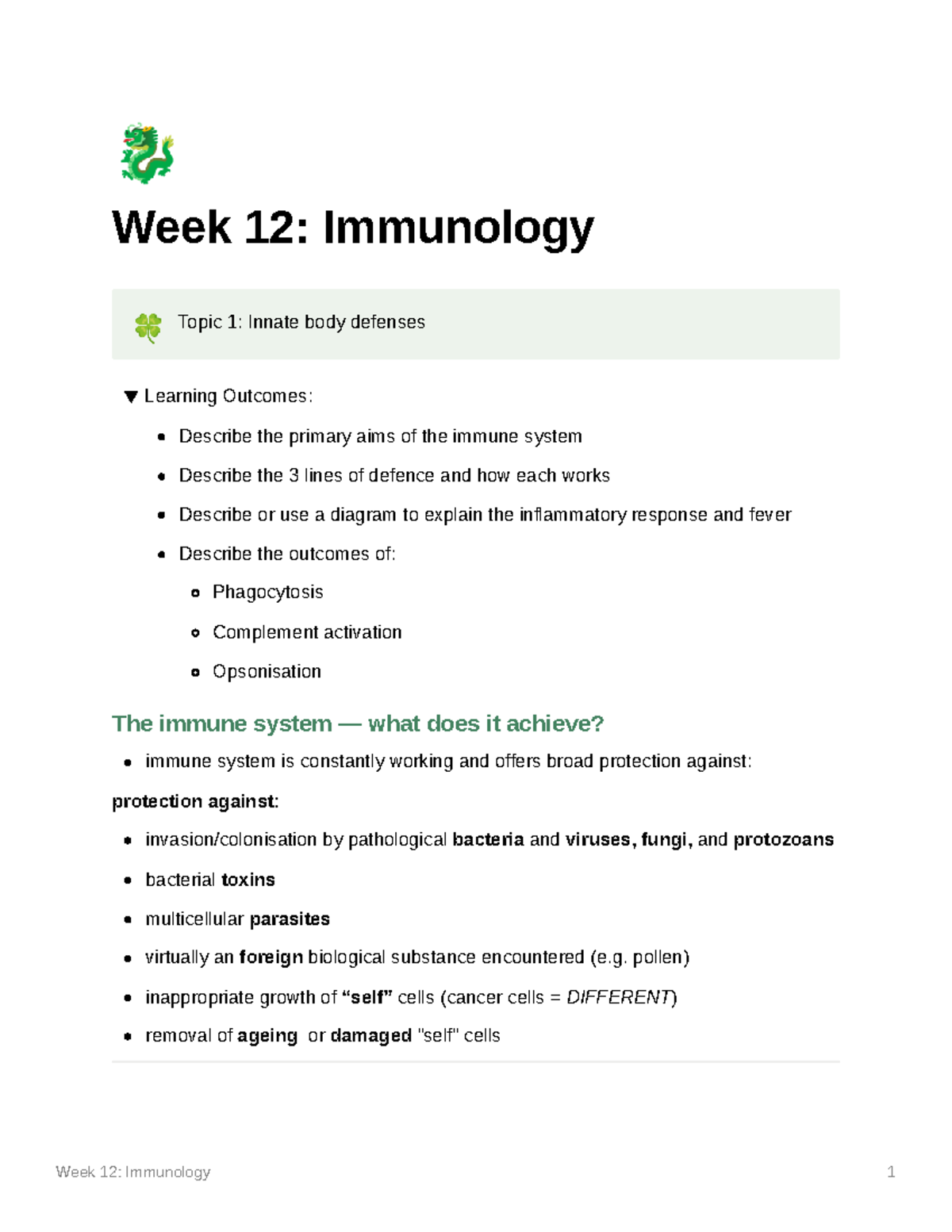 Week 12 Immunology - Key Notes on Innate & Adaptive Defenses - Studocu
