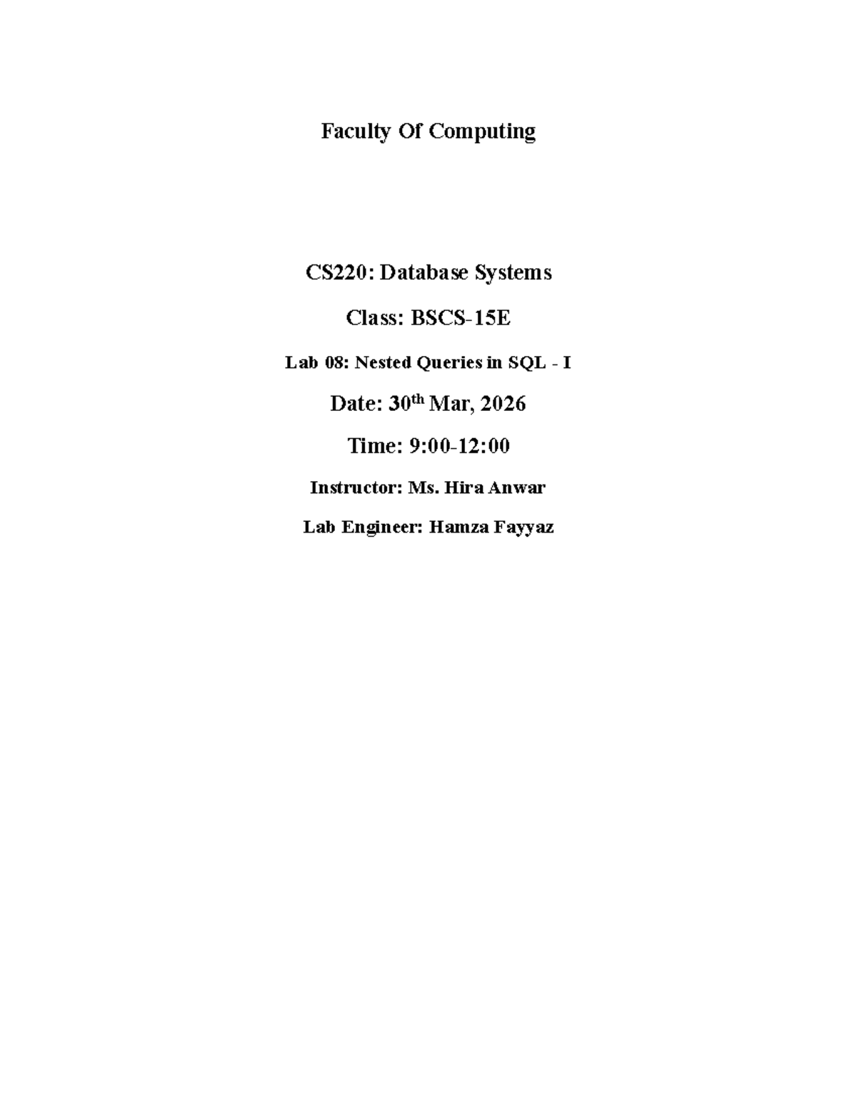 CS220: Database Systems Lab 08 - Nested Queries in SQL I - Studocu