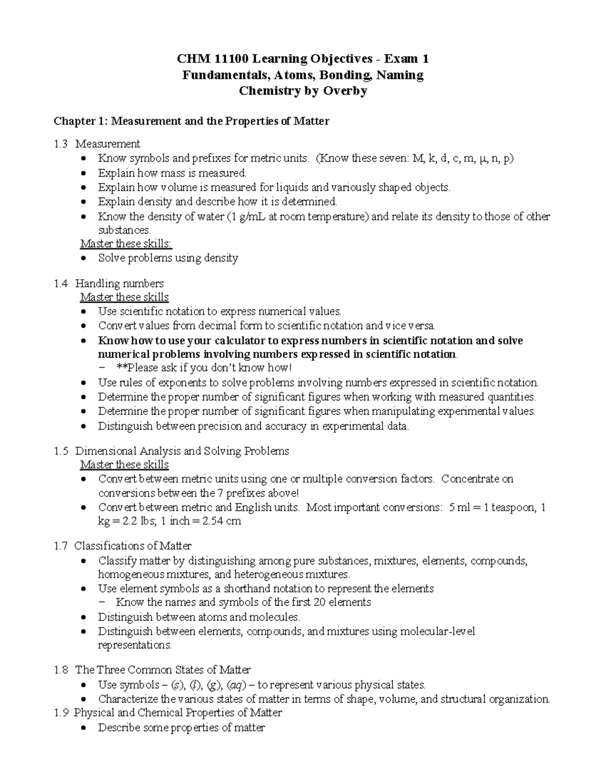 CHM 11100 Exam 1 Study Guide: Fundamentals, Atoms, and Bonding - Studocu