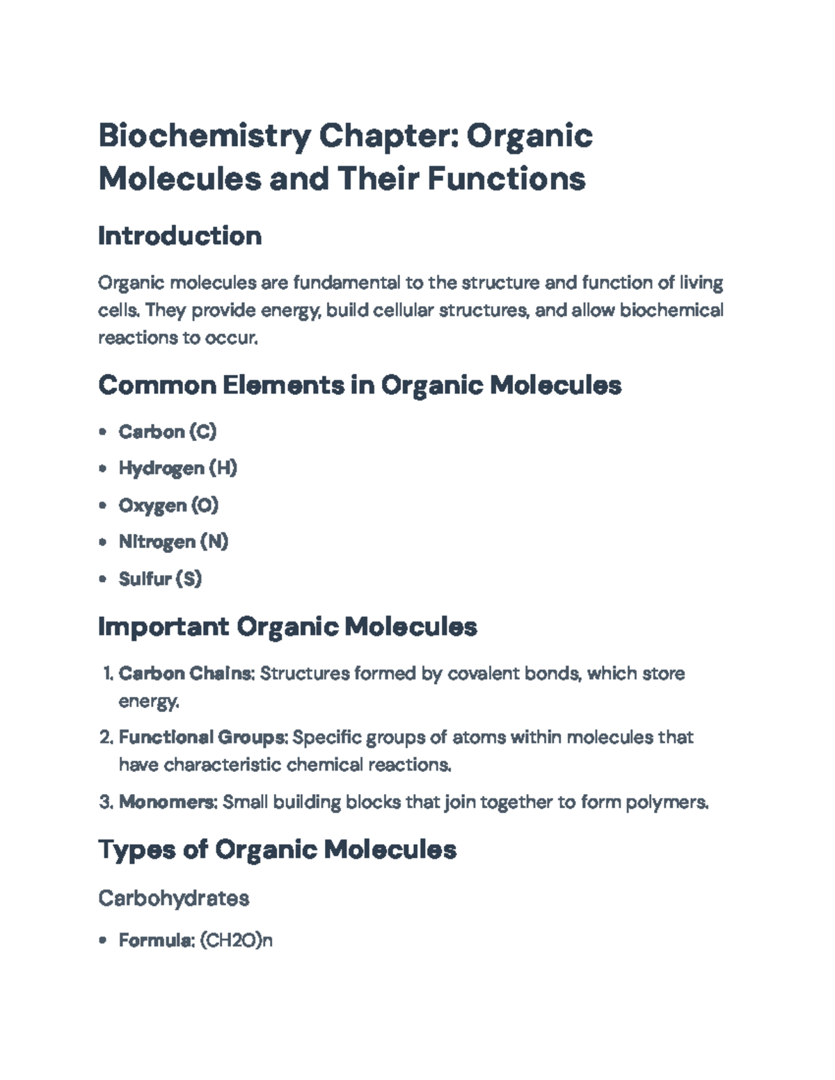 Biochemistry Chapter: Overview of Organic Molecules and Functions ...