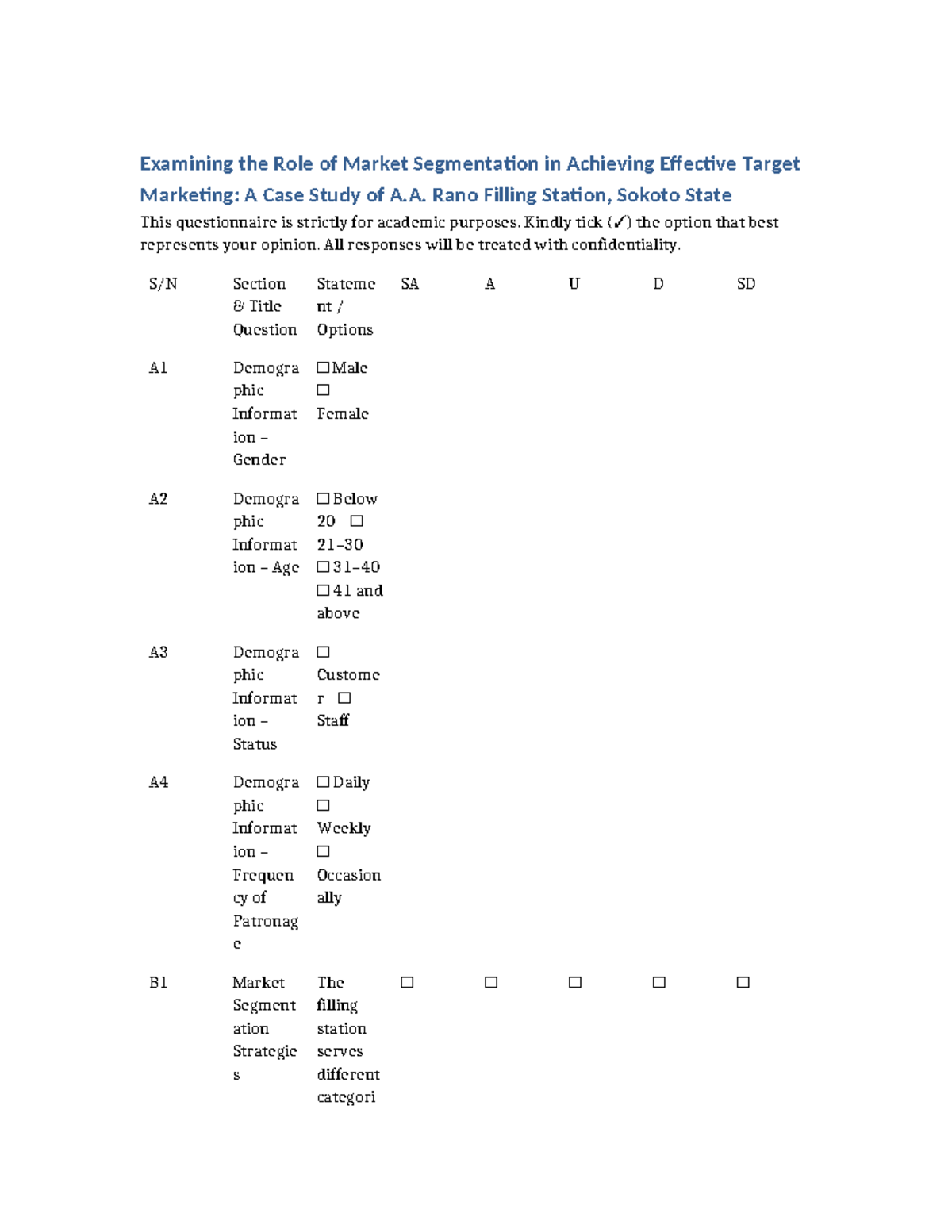 Market Segmentation Questionnaire: A Case Study of A.A. Rano Filling ...