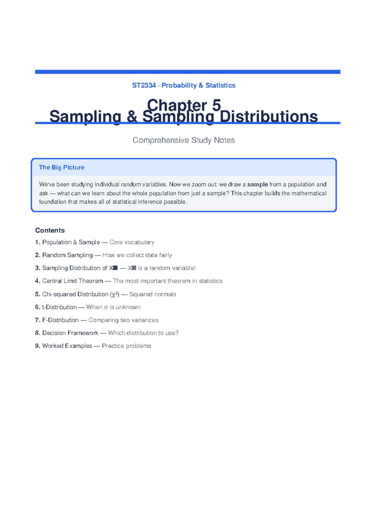 ST2334 Probability & Statistics Chapter 5: Sampling Distributions Study ...