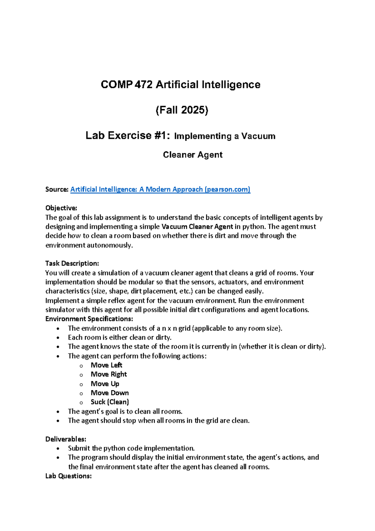 COMP 472 Lab Exercise: Implementing a Vacuum Cleaner Agent - Studocu