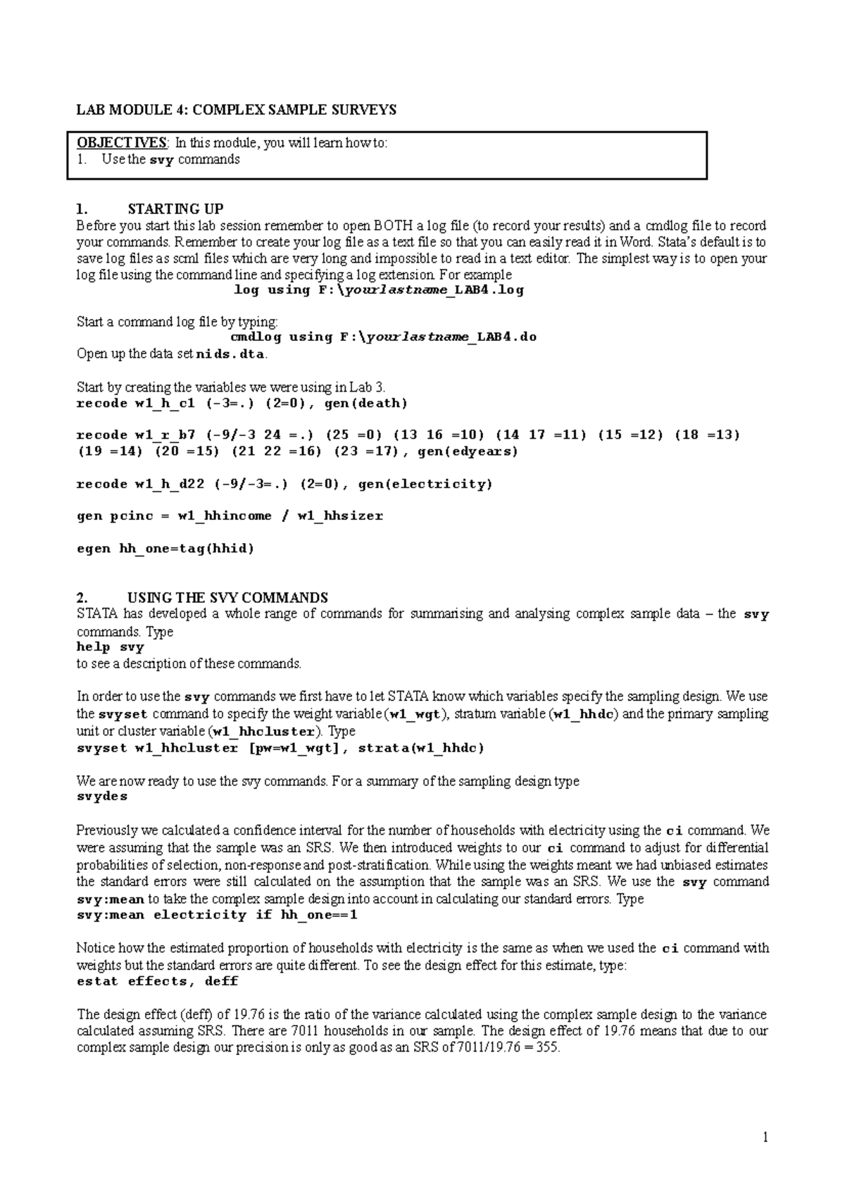 Lab 4 - Stata Tutorial on Complex Sample Surveys and Analysis - Studocu