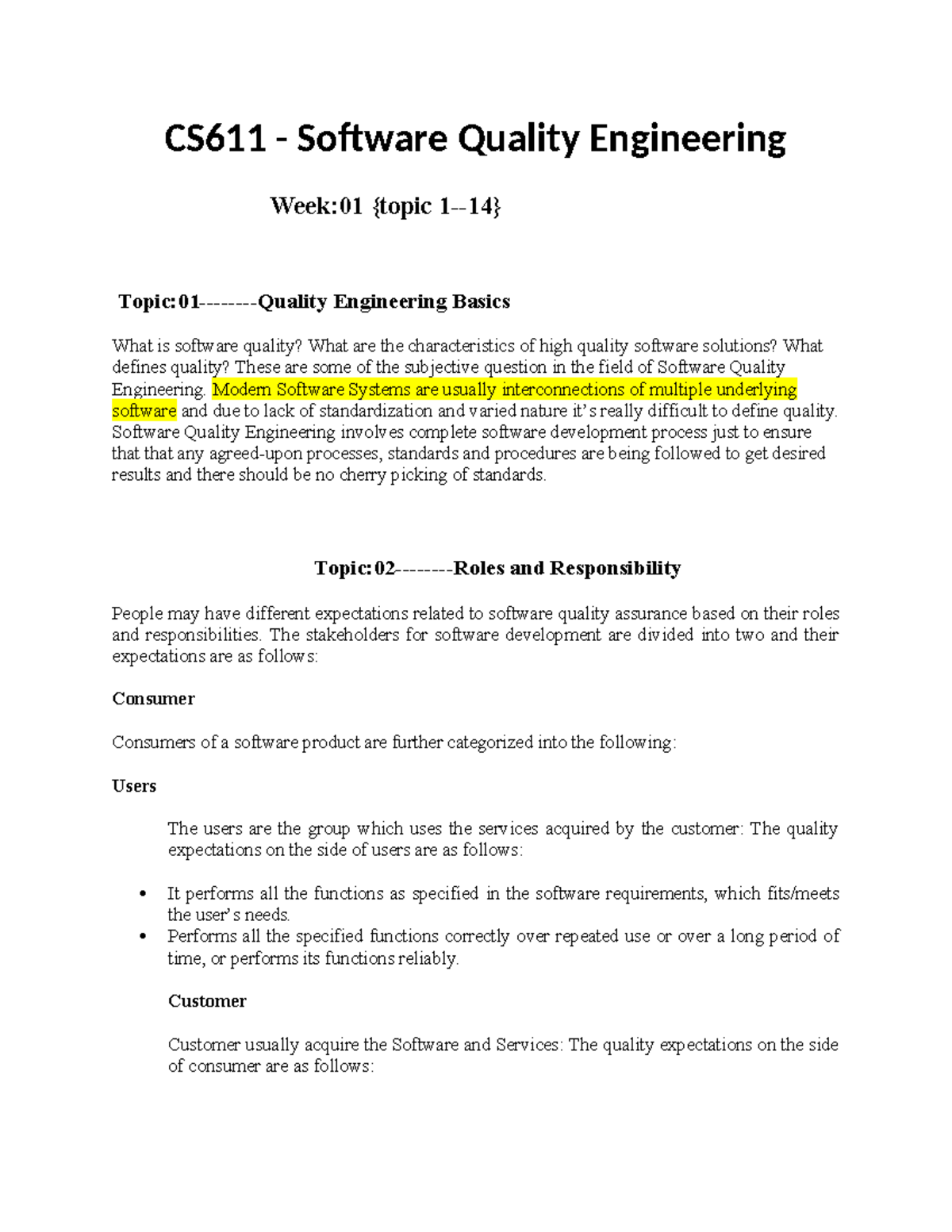CS611-week 01 {topic 1-14}(online handouts) Software Quality ...