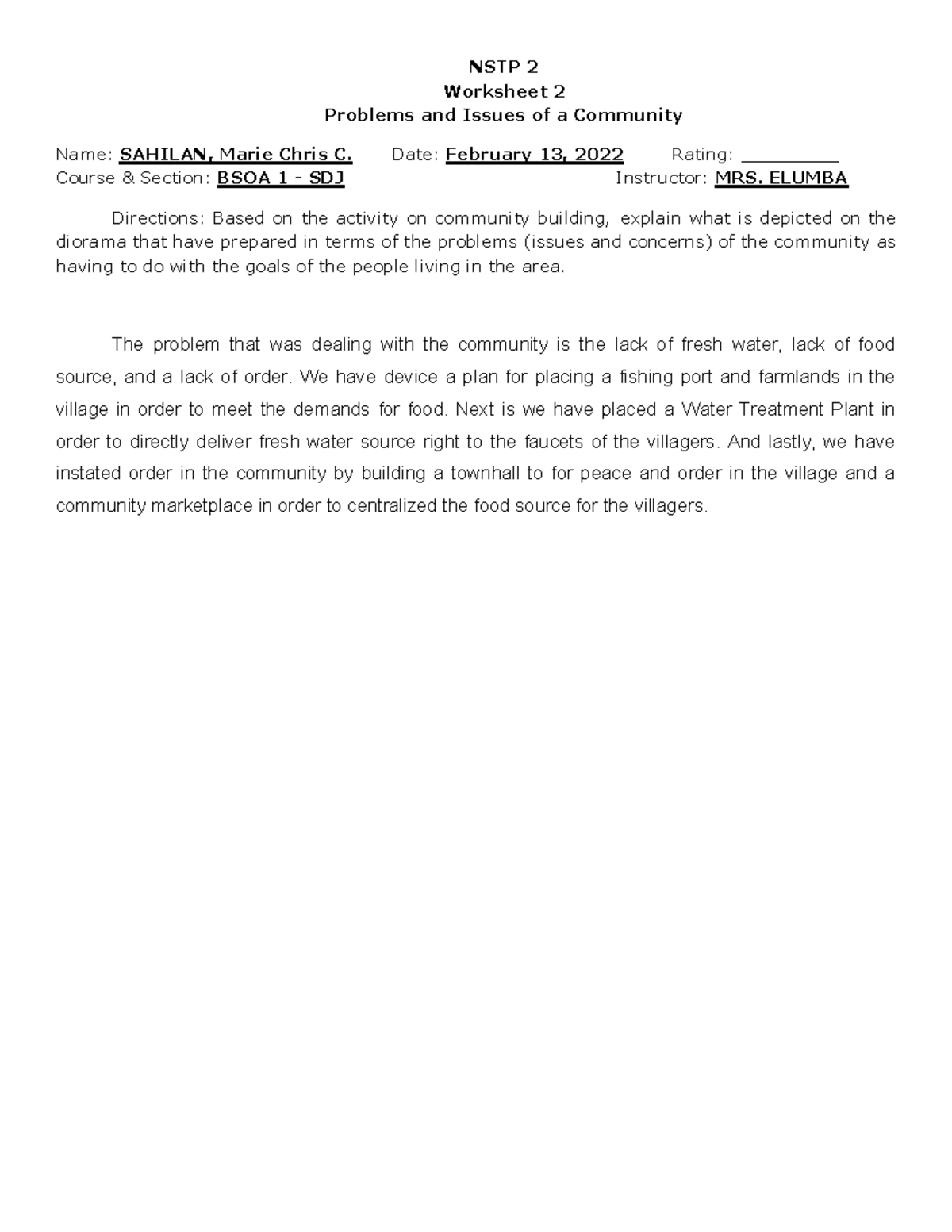 NSTP 2 - Worksheet 2: Community Problems & Solutions Analysis - Studocu