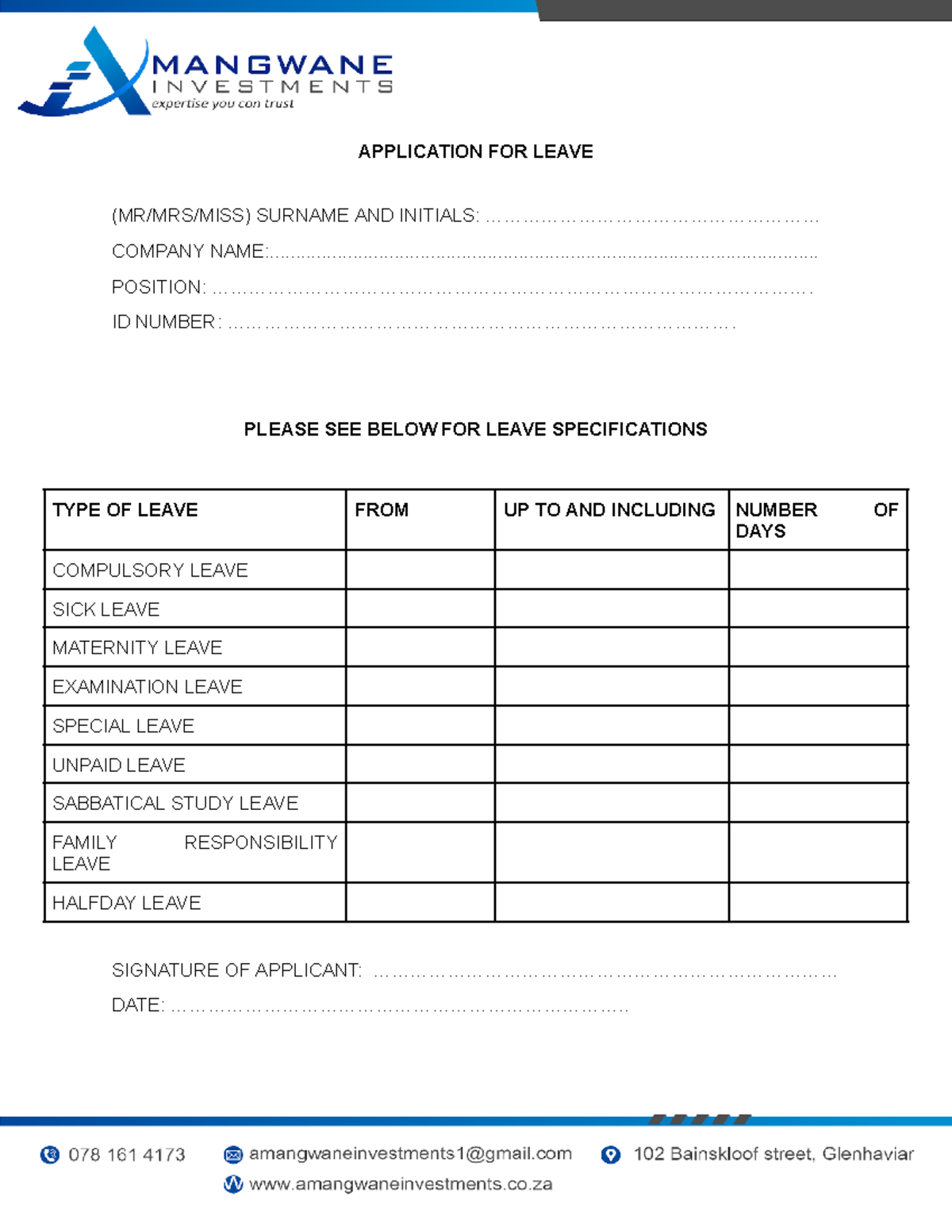 Leave FORM - N/A - APPLICATION FOR LEAVE (MR/MRS/MISS) SURNAME AND ...