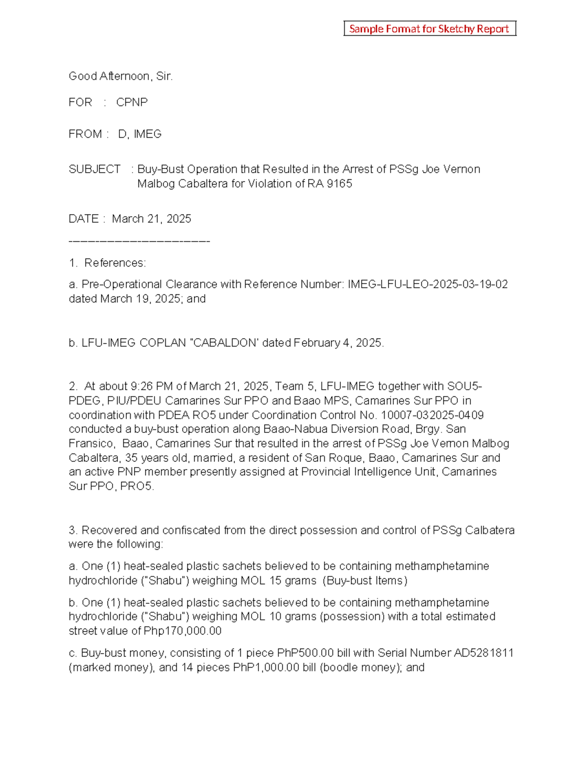 Sample Format for Sketchy Report: Operation CPNP - Arrest of PSSg ...