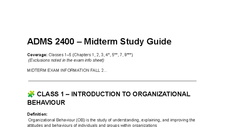 ADMS 2400 Midterm Study Guide: Organizational Behaviour Overview - Studocu
