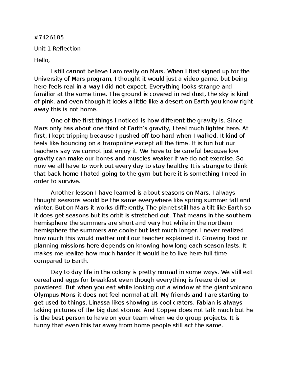 Unit 1 Reflection: Life and Lessons on Mars - Studocu