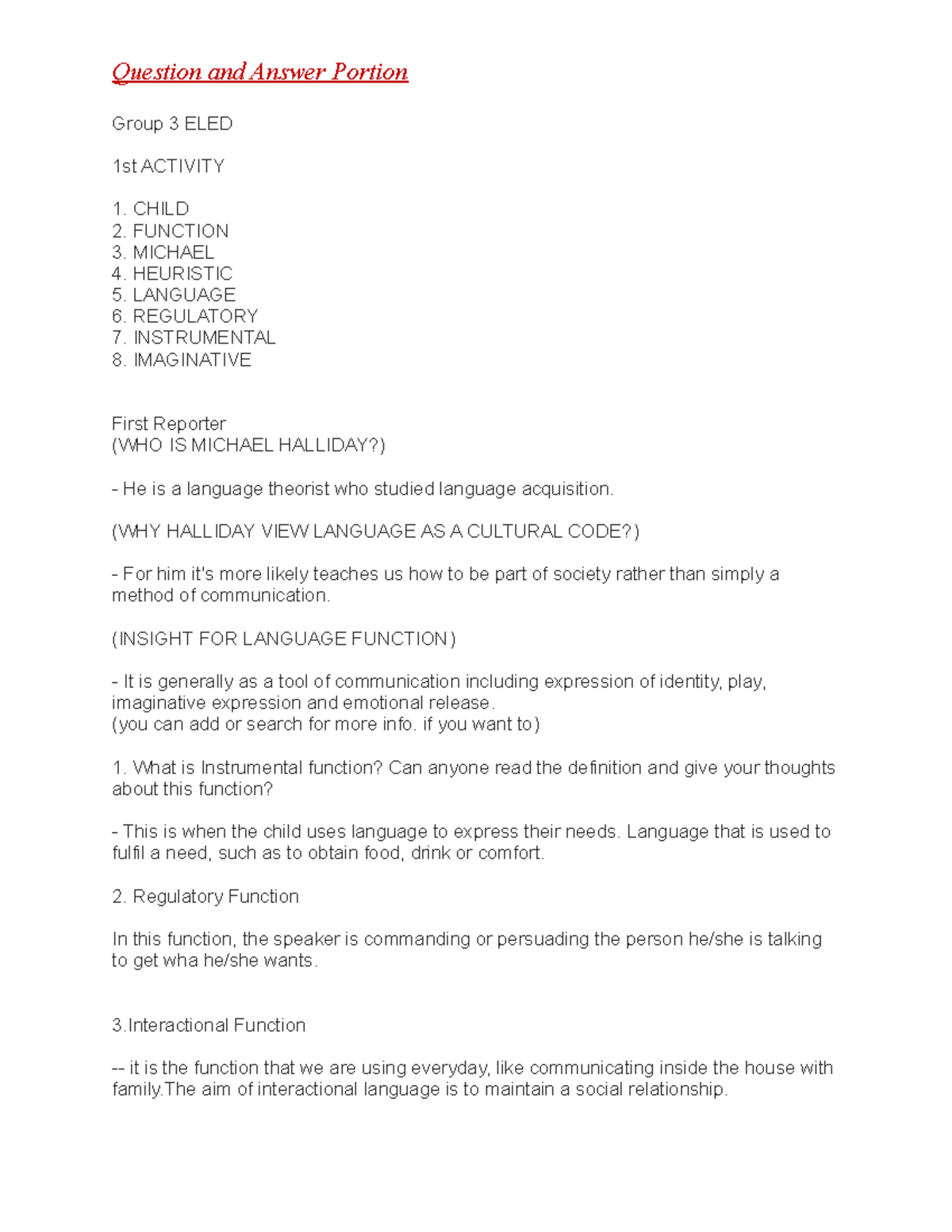 ELED100 G-4 Answers - Nothing - Group 3 ELED 1st ACTIVITY CHILD ...