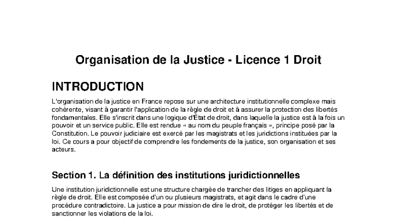 Cours Organisation de la Justice L1 - Introduction et Fondements - Studocu