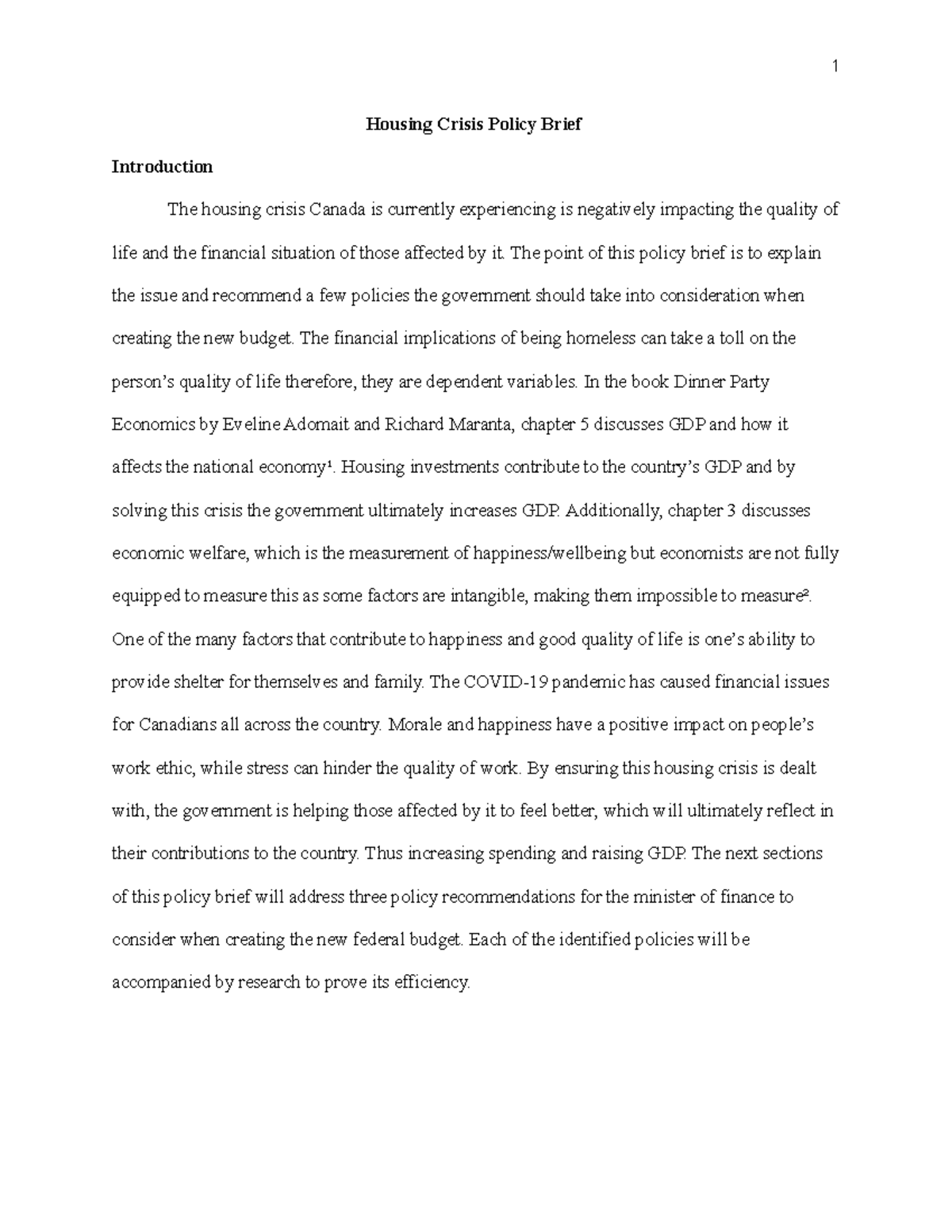 ECON 1100 Final Exam: Housing Crisis Policy Brief