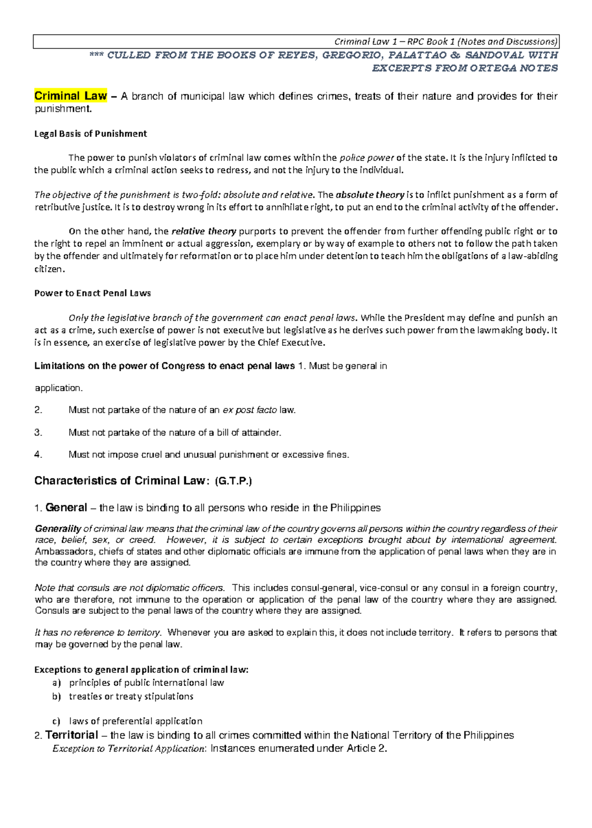 Criminal Law 1 - RPC Book 1: Comprehensive Notes & Discussions - Studocu
