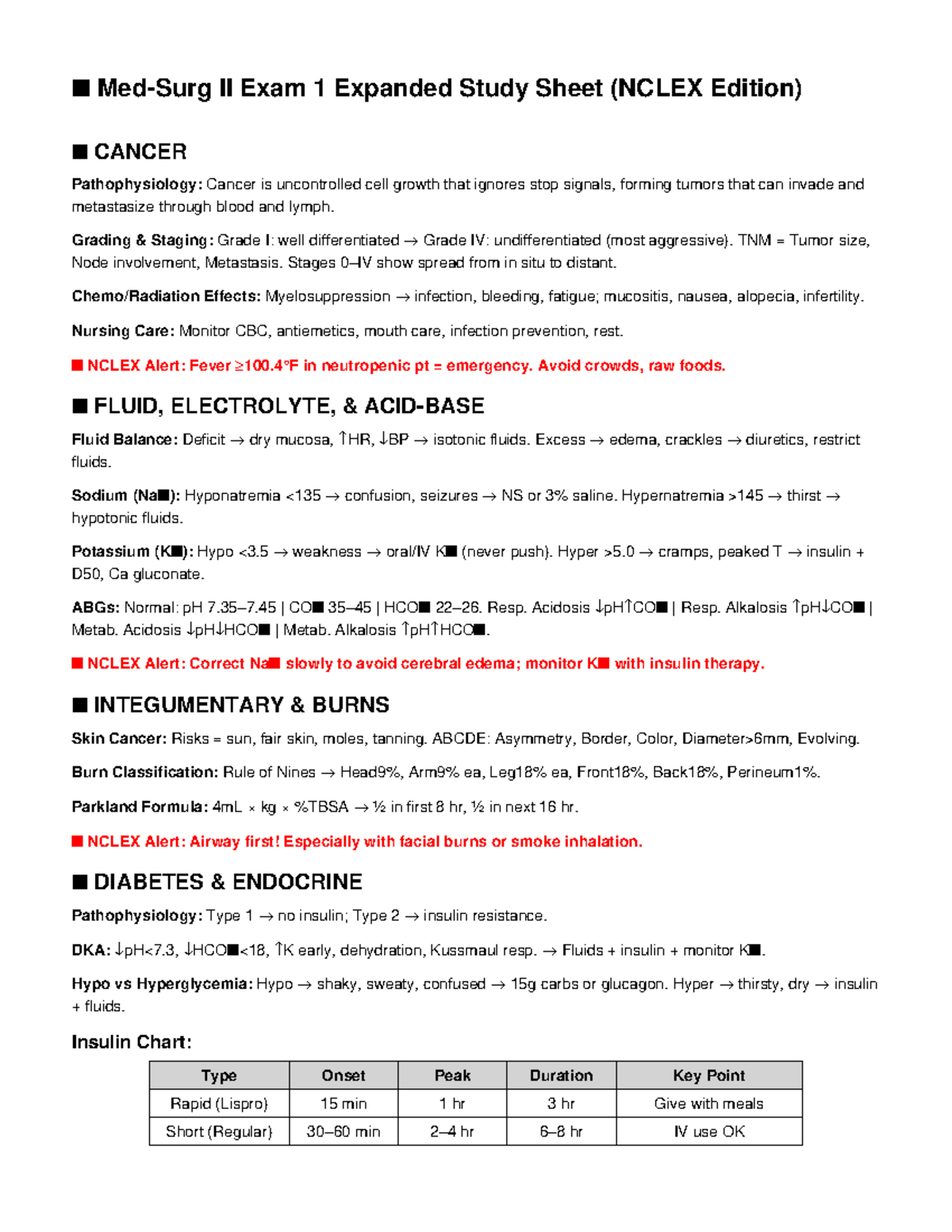 Med Surg 2 Exam 1 Expanded NCLEX Study Sheet: Cancer & Diabetes - Studocu