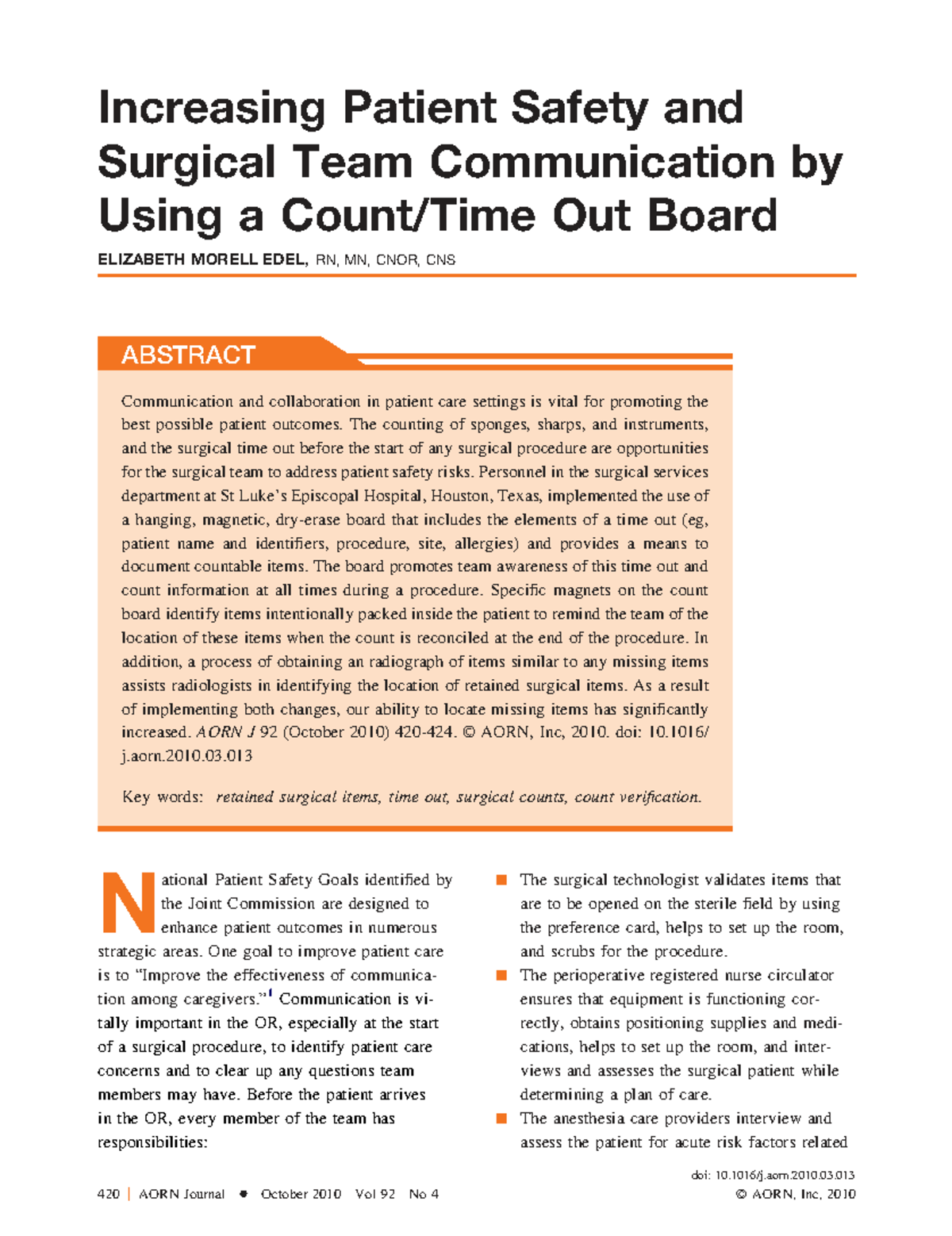 Enhancing Patient Safety & Surgical Team Communication: AORN 92 - Studocu