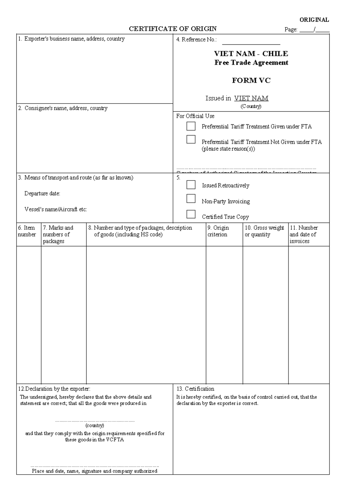 Certificate of Origin Form VC 1 - VIET NAM CHILE FTA - Studocu