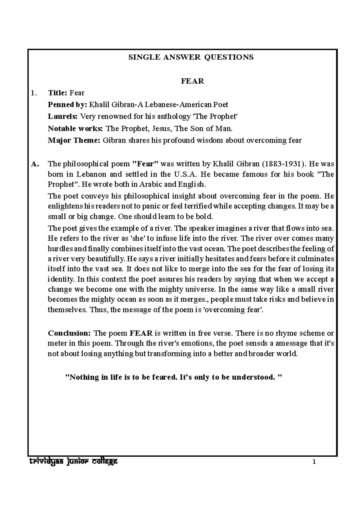 SR English Common Answers - SINGLE ANSWER QUESTIONS FEAR 1. Title: Fear ...