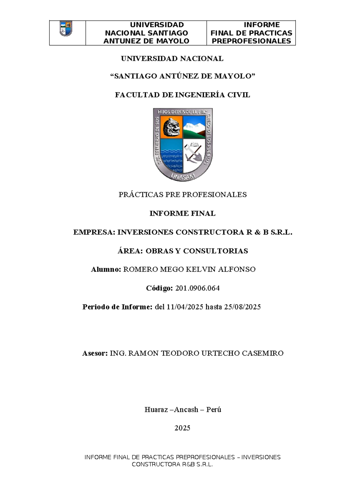 Informe Final de Prácticas Preprofesionales - INGENIERÍA CIVIL 201.0906.064 - Document Preview