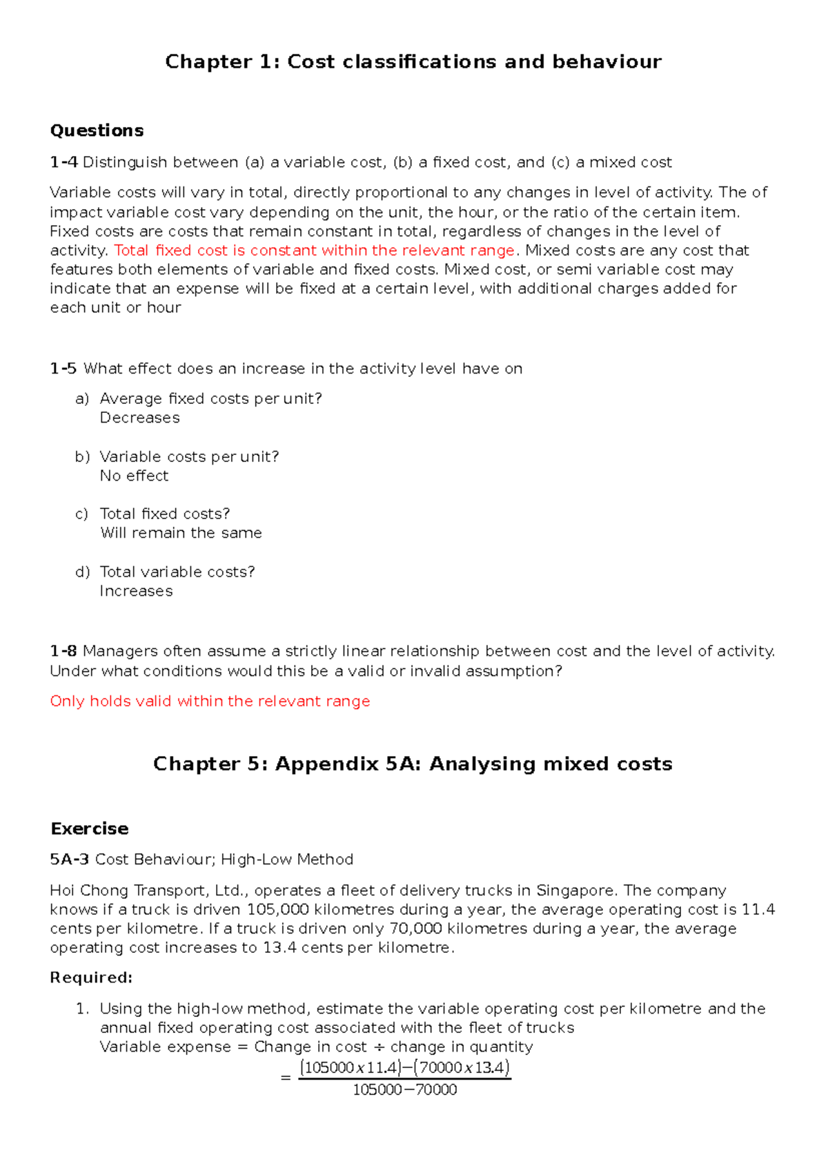 Portfolio 2 - Cost Classifications and Behaviour Questions for Autumn ...