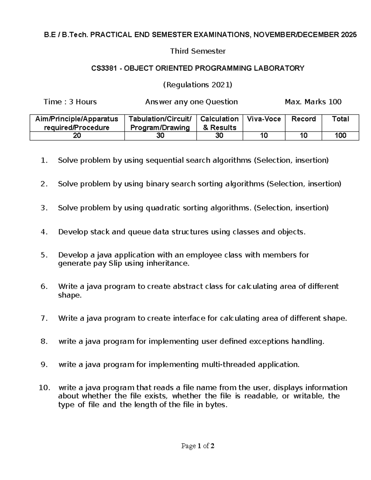 CS3381 OOP Lab Practical Exam - Set 8 (End Sem 2025) - Studocu